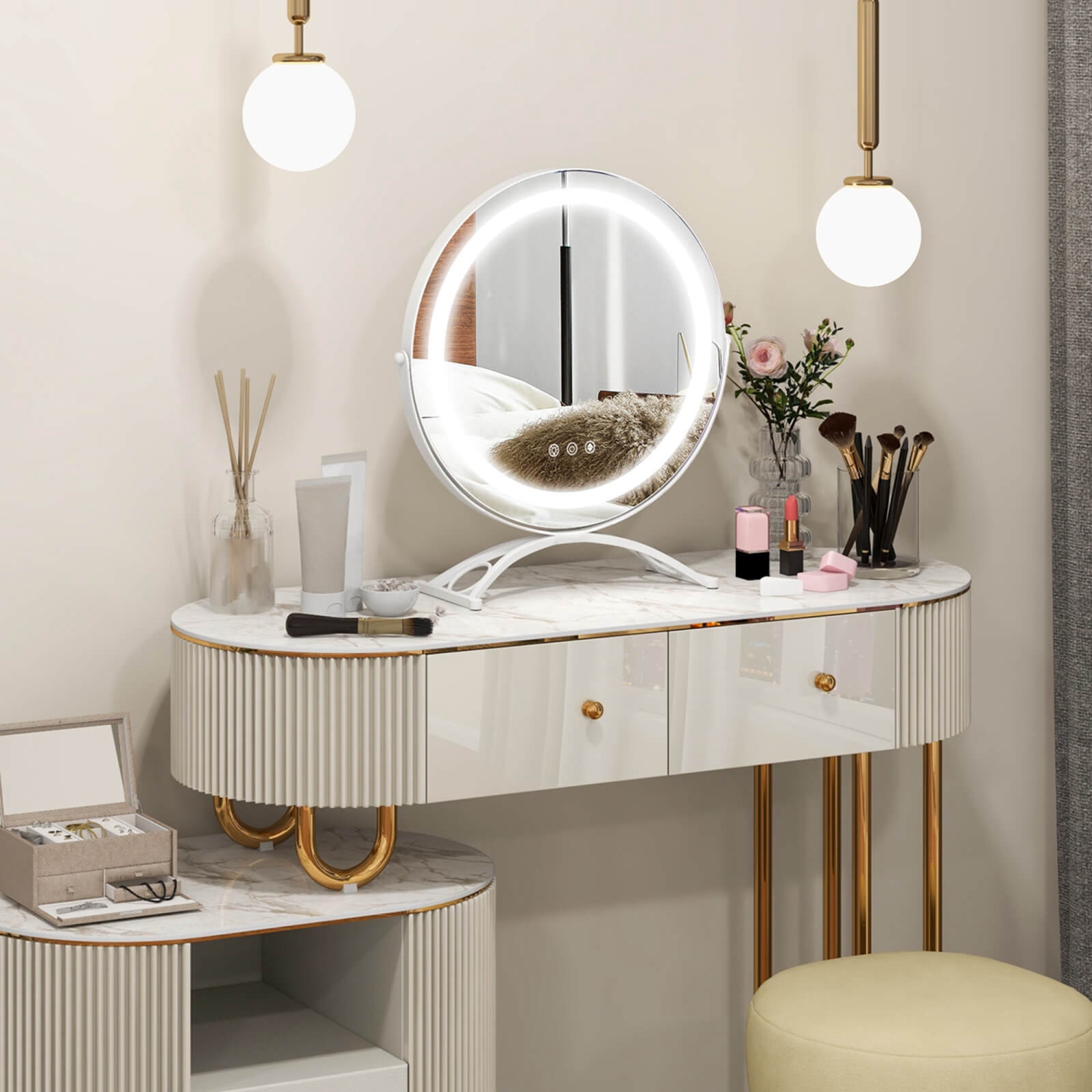 Miroir de maquillage rond de 16 po pour salle de bain avec 3 couleurs à intensité réglable de Costway