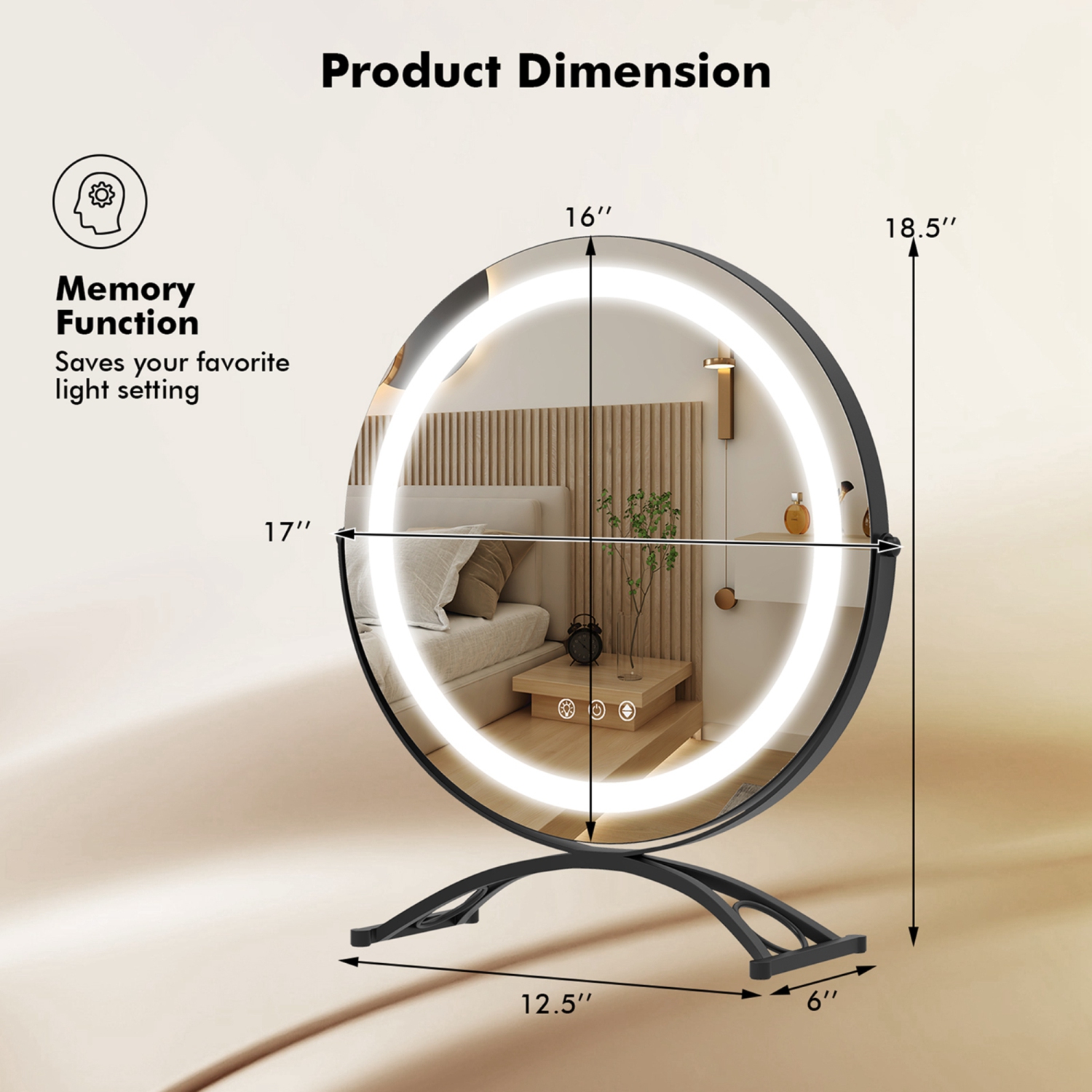 Miroir de maquillage rond de 16 po pour salle de bain avec 3 couleurs à intensité réglable de Costway