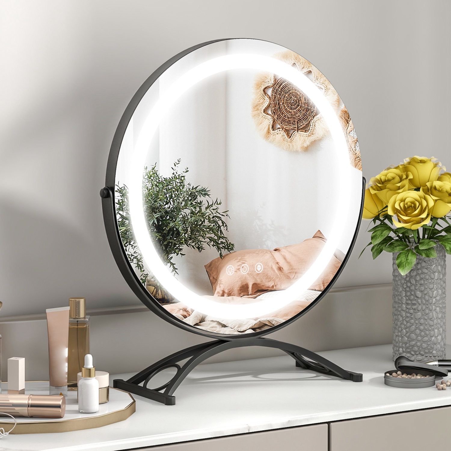 Miroir de maquillage rond de 16 po pour salle de bain avec 3 couleurs à intensité réglable de Costway