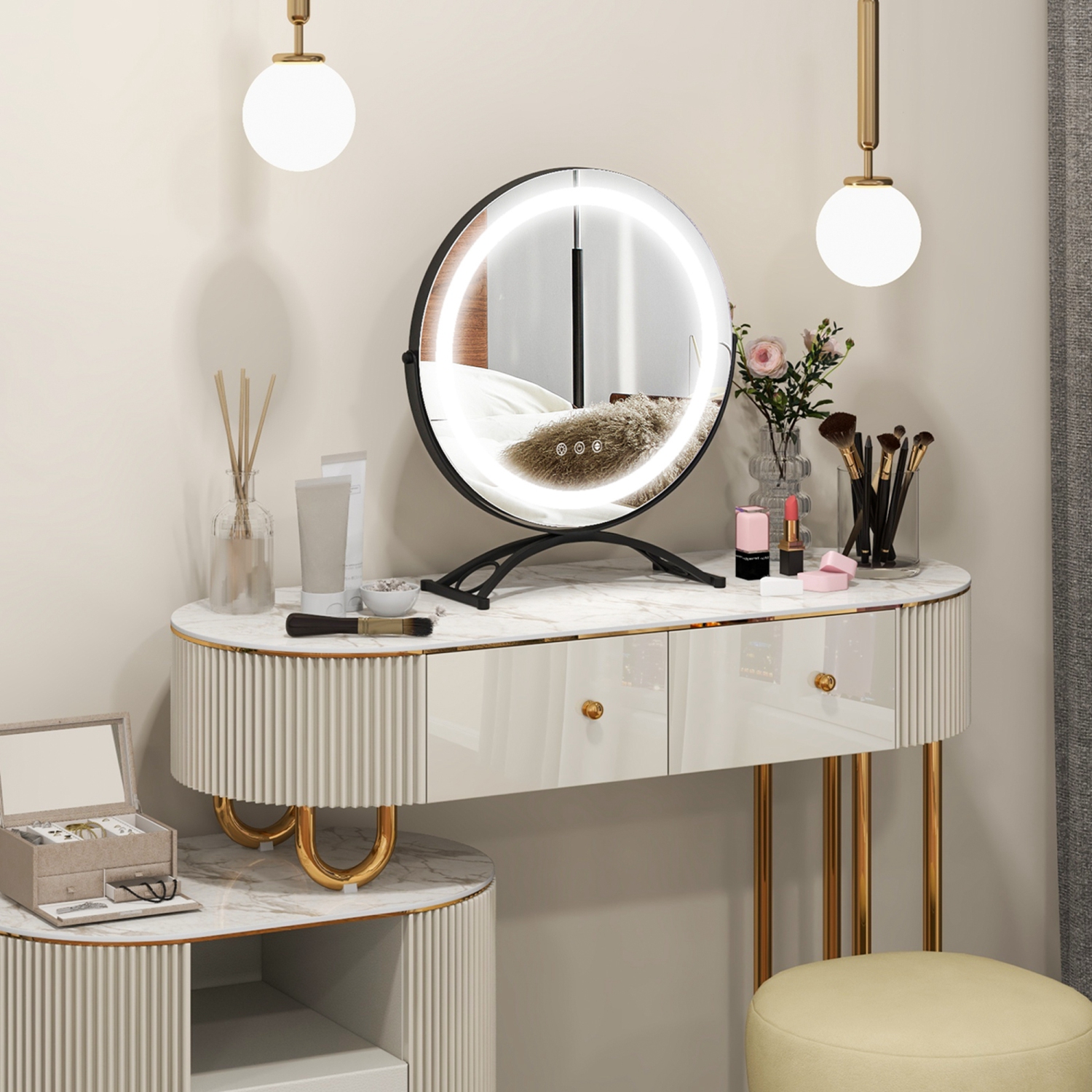 Miroir de maquillage rond de 16 po pour salle de bain avec 3 couleurs à intensité réglable de Costway