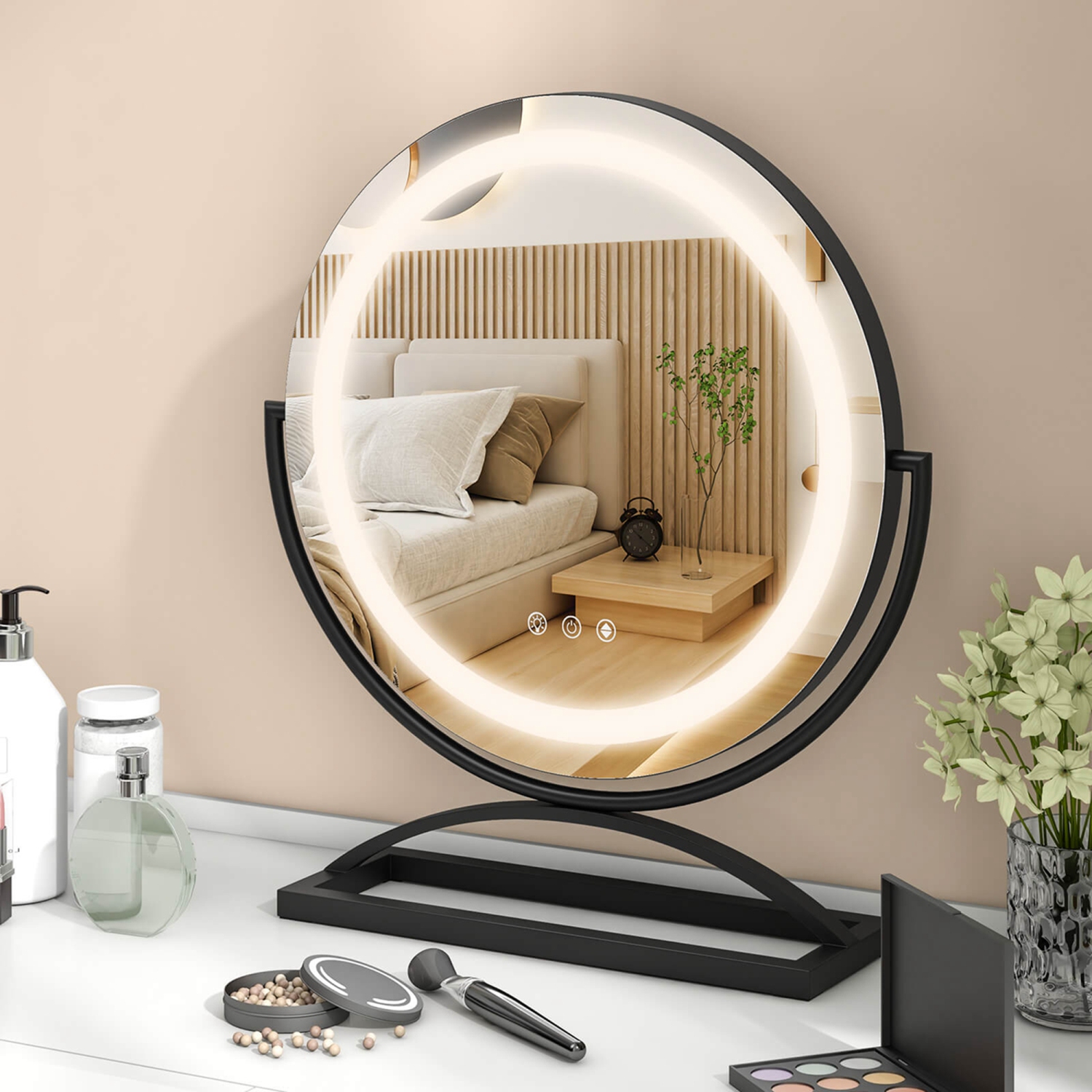 Costway 16" Round Makeup Vanity Mirror with Lights 3 Color Dimmable Touch Control Black/Gold/White