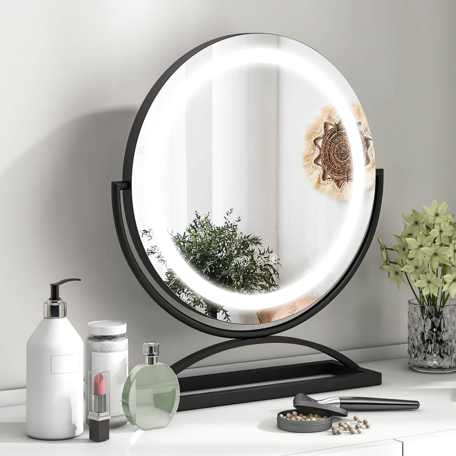 Costway 16" Round Makeup Vanity Mirror with Lights 3 Color Dimmable Touch Control Black/Gold/White
