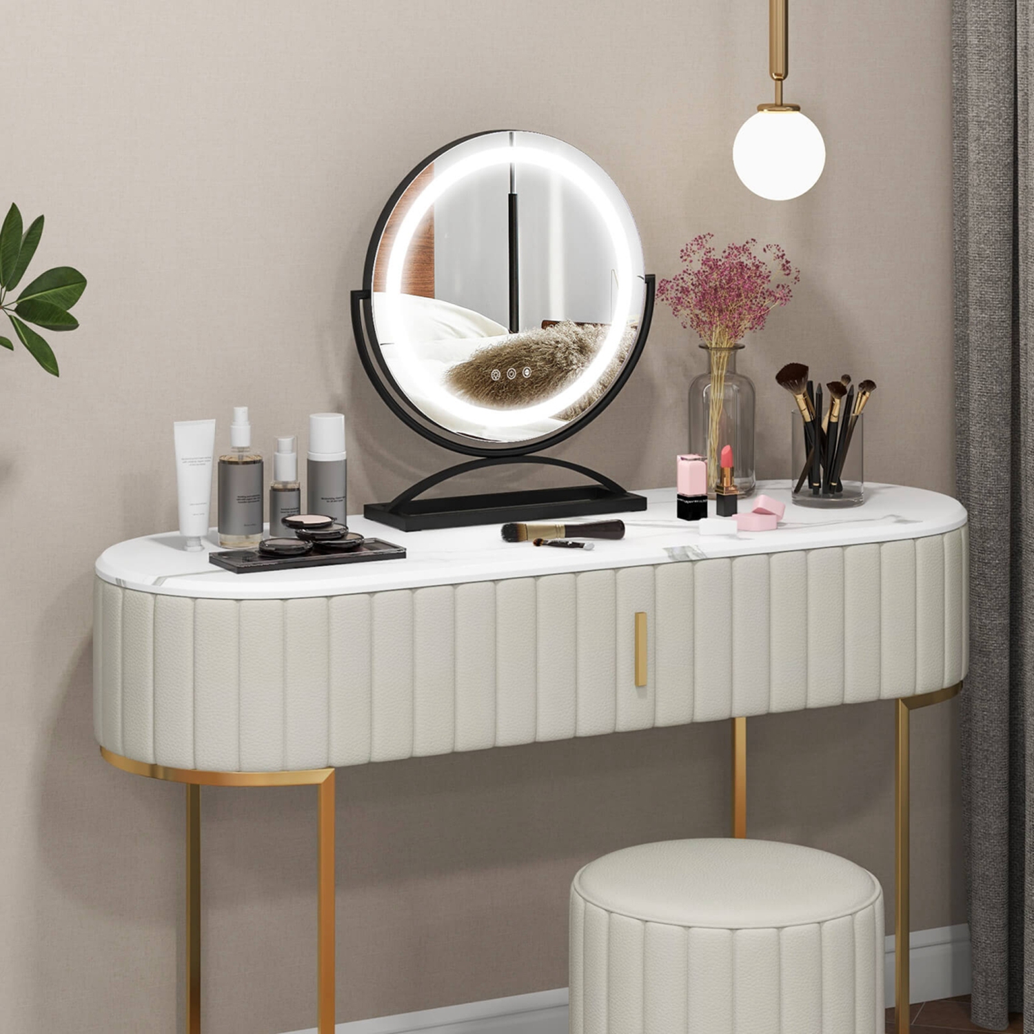 Costway 16" Round Makeup Vanity Mirror with Lights 3 Color Dimmable Touch Control Black/Gold/White