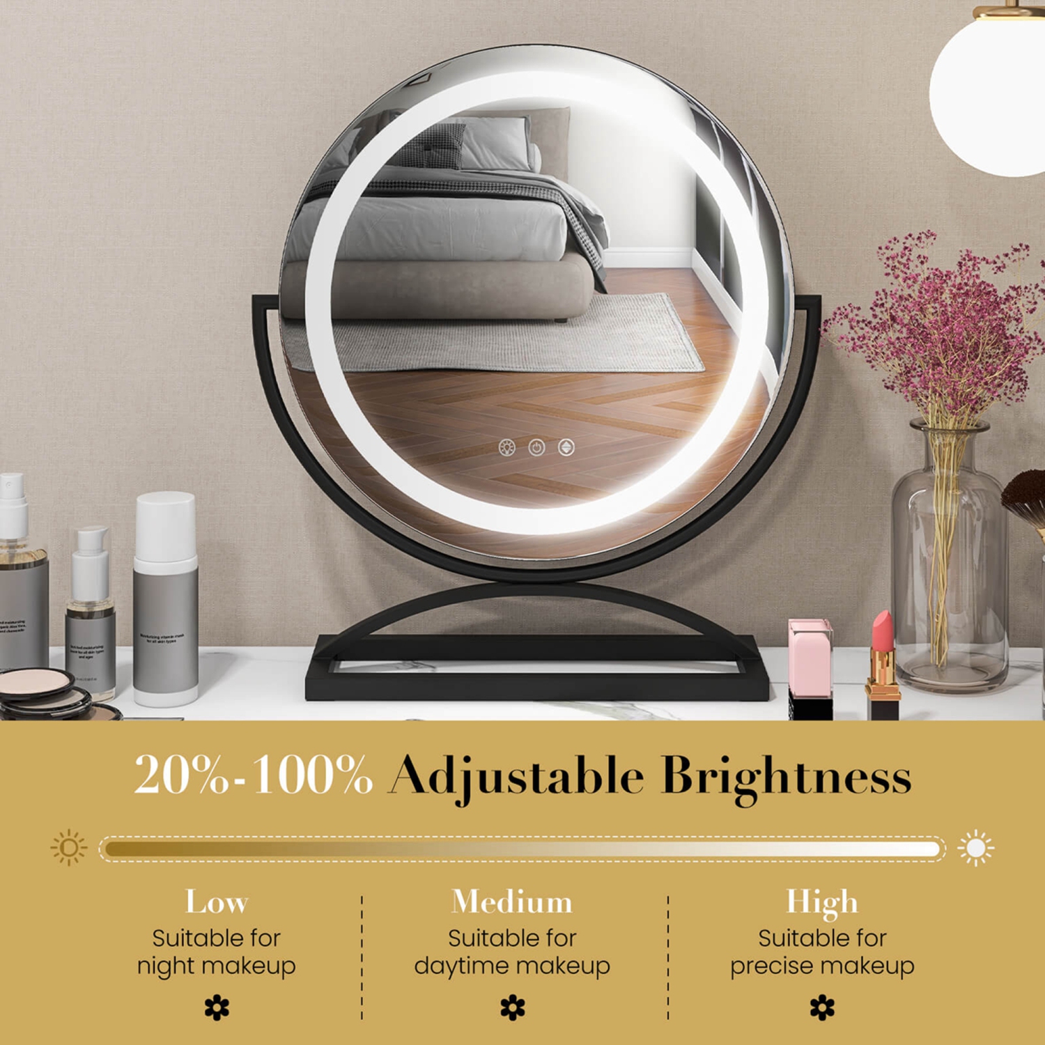 Costway 16" Round Makeup Vanity Mirror with Lights 3 Color Dimmable Touch Control Black/Gold/White