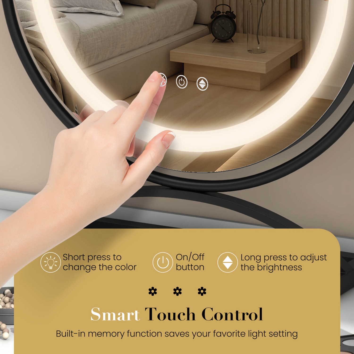 Costway 16" Round Makeup Vanity Mirror with Lights 3 Color Dimmable Touch Control Black/Gold/White