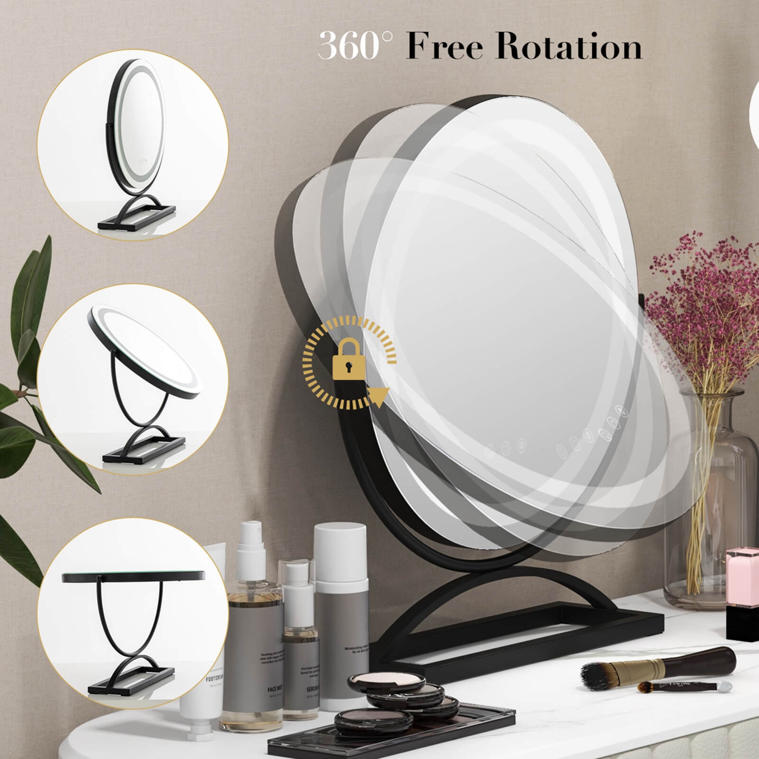 Costway 16" Round Makeup Vanity Mirror with Lights 3 Color Dimmable Touch Control Black/Gold/White