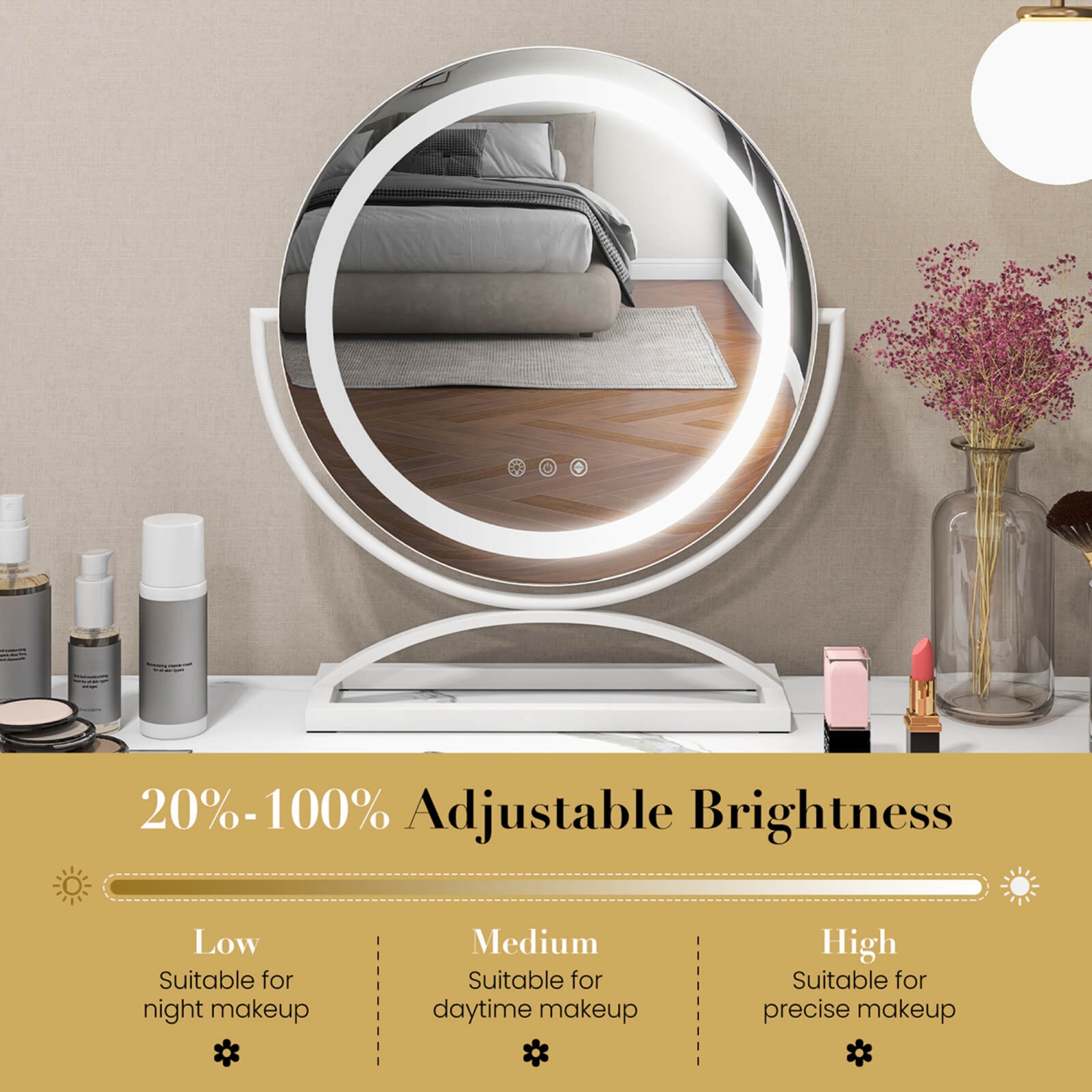 Costway 16" Round Makeup Vanity Mirror with Lights 3 Color Dimmable Touch Control Black/Gold/White