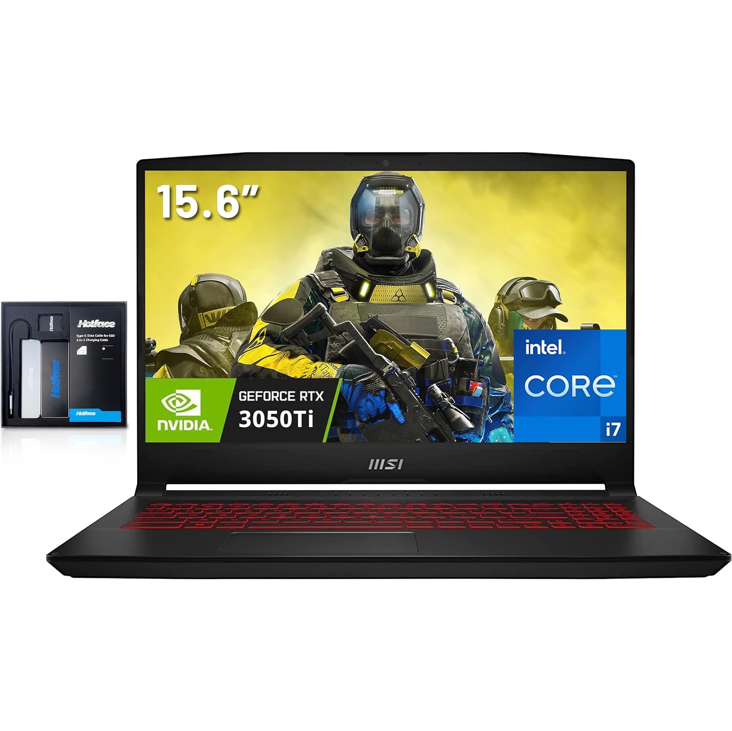 MSI Katana GF66 15.6" FHD Gaming Laptop, Intel Core i7-12650H, NVIDIA GeForce RTX 3050 Ti, 2TB SSD, 64GB RAM, Backlit Keyboard, Win 11 Home, Black, 128GB Hotface Extension Set