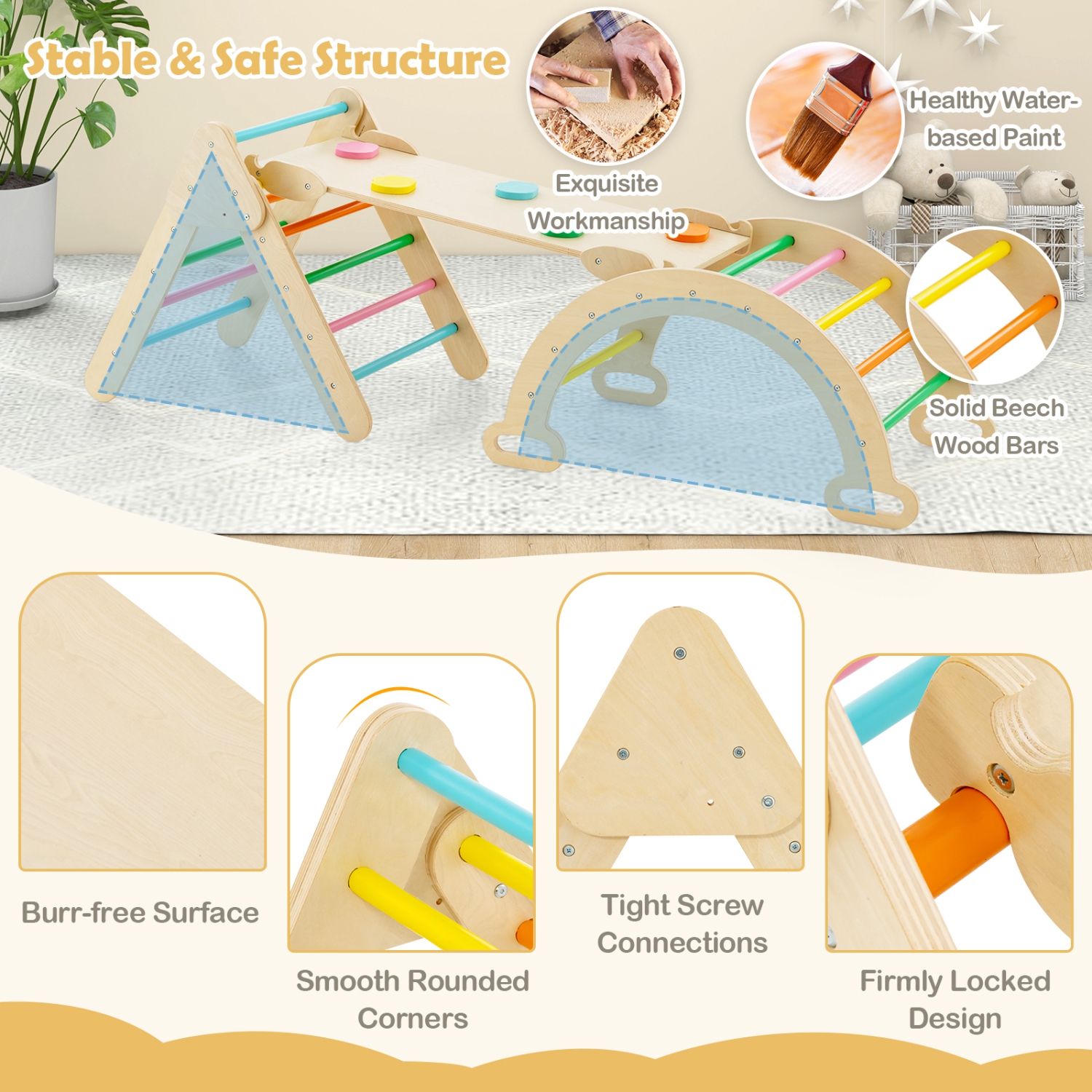 Costway 3-in-1 Kids Climber Set Toddler Wooden Play Arch with Sliding and Climbing Ramp