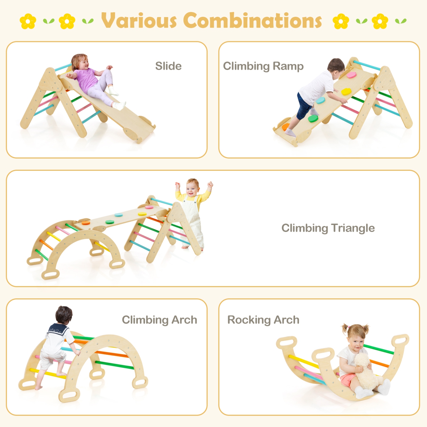 Costway 3-in-1 Kids Climber Set Toddler Wooden Play Arch with Sliding and Climbing Ramp