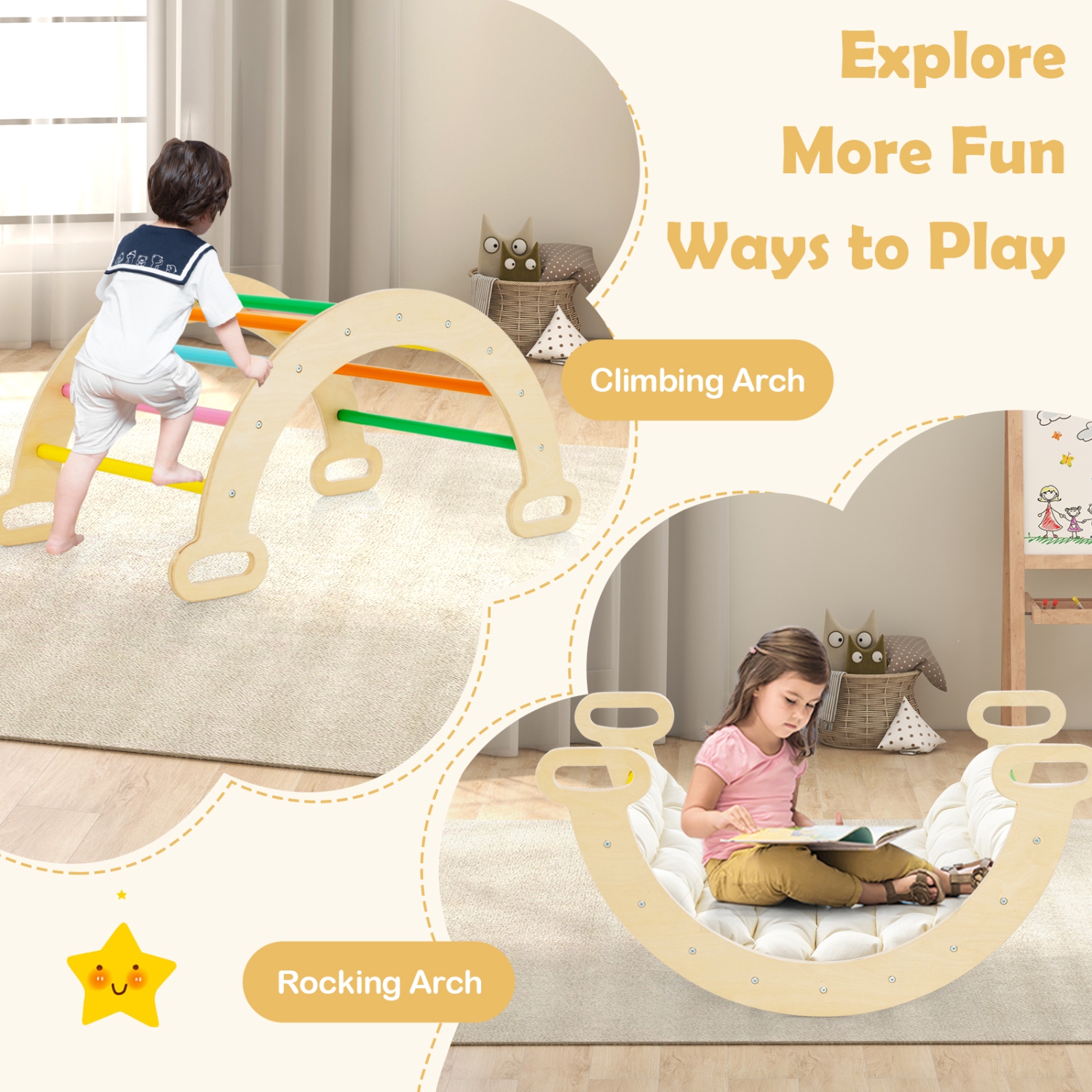 Costway 3-in-1 Kids Climber Set Toddler Wooden Play Arch with Sliding and Climbing Ramp