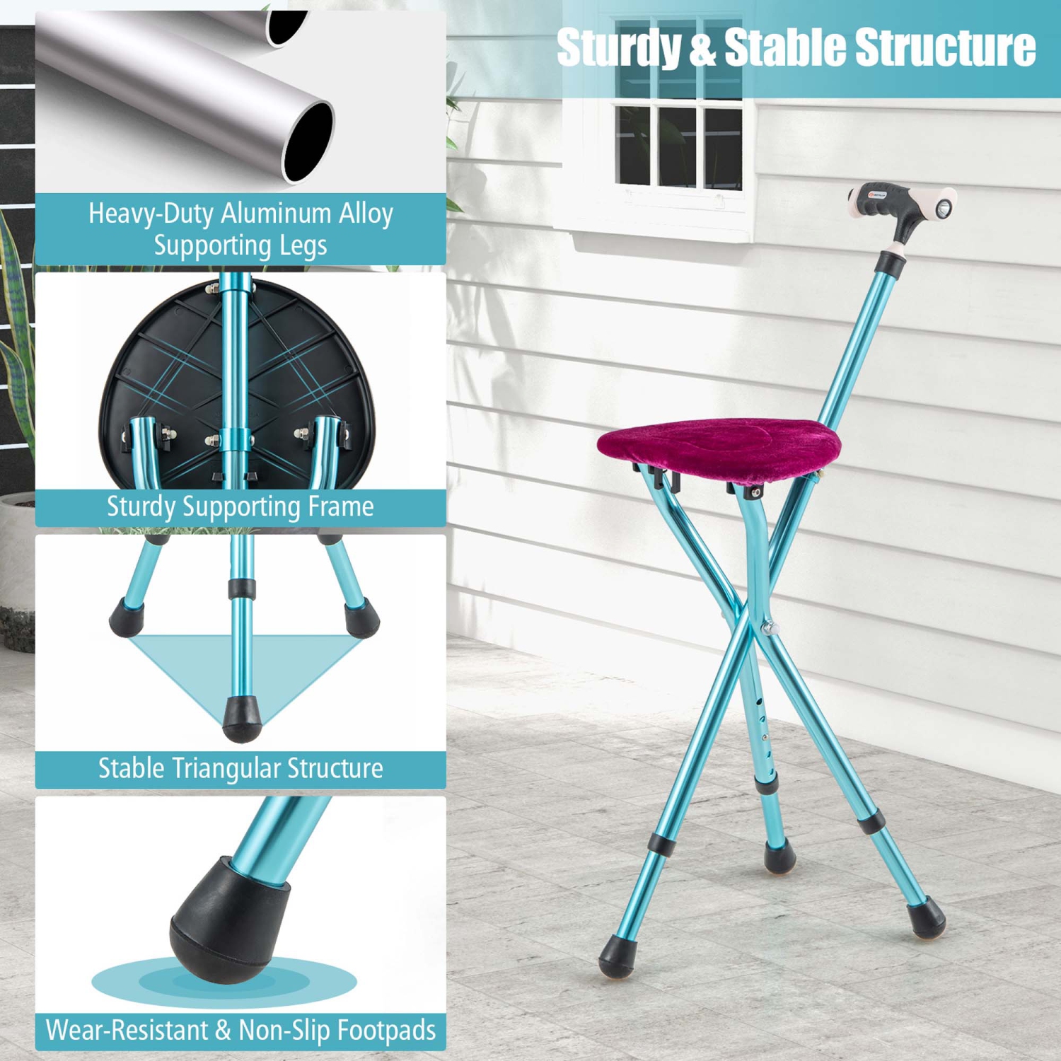 Costway Adjustable Folding Cane Seat Aluminum Alloy Crutch Chair With Light