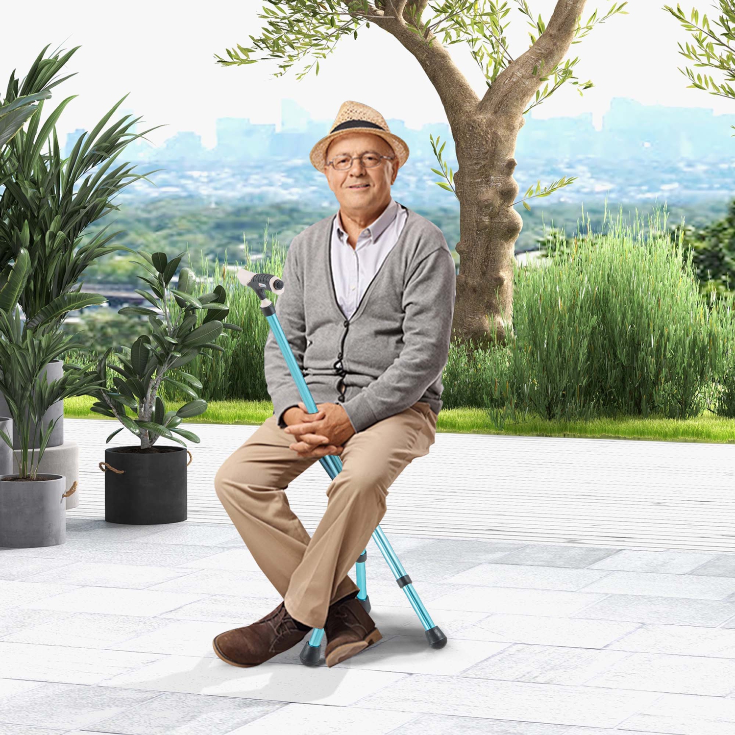 Costway Adjustable Folding Cane Seat Aluminum Alloy Crutch Chair With Light