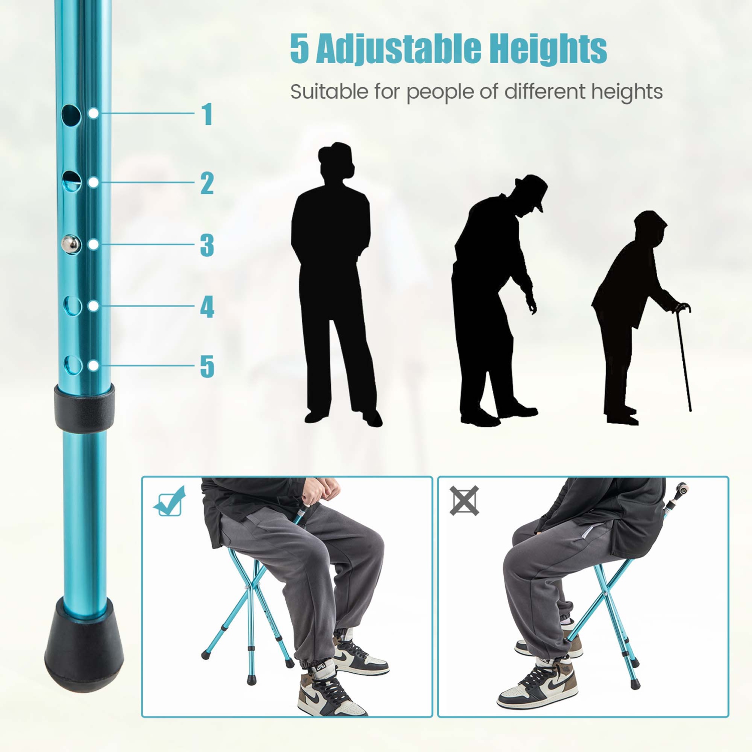 Costway Adjustable Folding Cane Seat Aluminum Alloy Crutch Chair With Light