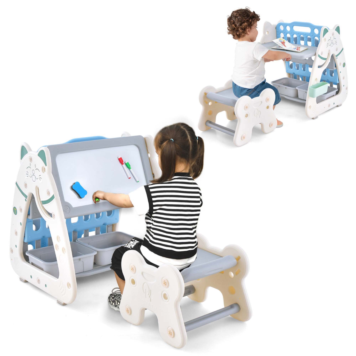 Chevalet 3-en-1 pour enfants avec tabouret tableau magnétique effaçable à sec avec support à livres de Costway