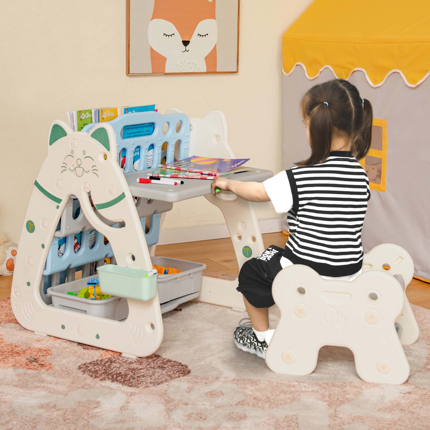 Chevalet 3-en-1 pour enfants avec tabouret tableau magnétique effaçable à sec avec support à livres de Costway