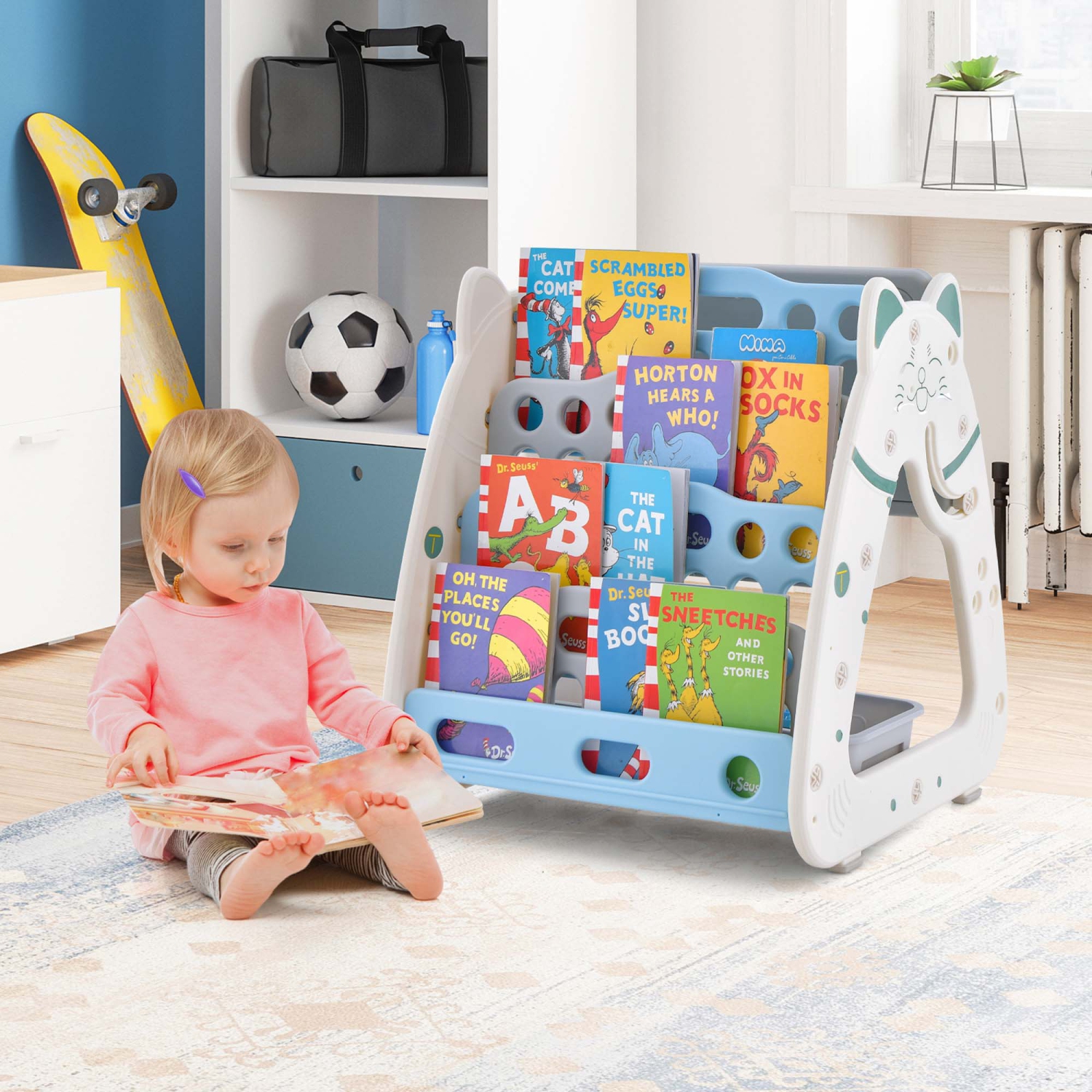 Chevalet 3-en-1 pour enfants avec tabouret tableau magnétique effaçable à sec avec support à livres de Costway