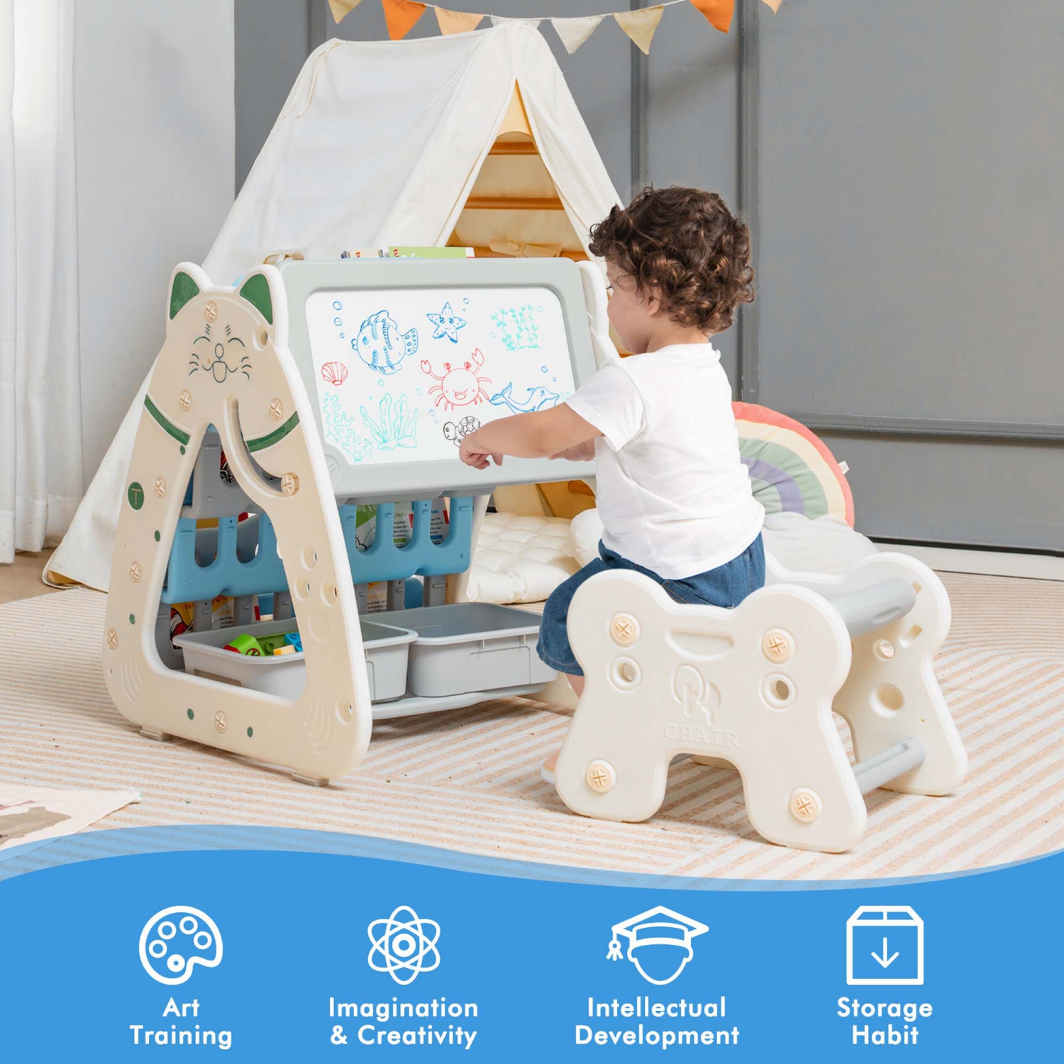 Chevalet 3-en-1 pour enfants avec tabouret tableau magnétique effaçable à sec avec support à livres de Costway