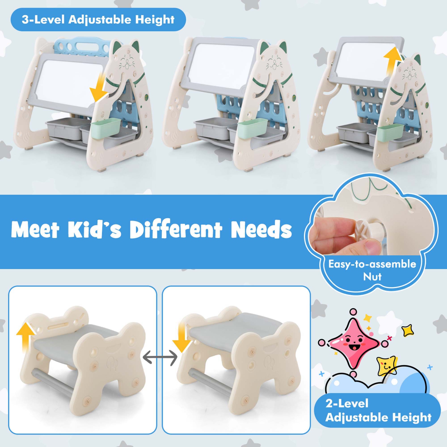 Chevalet 3-en-1 pour enfants avec tabouret tableau magnétique effaçable à sec avec support à livres de Costway