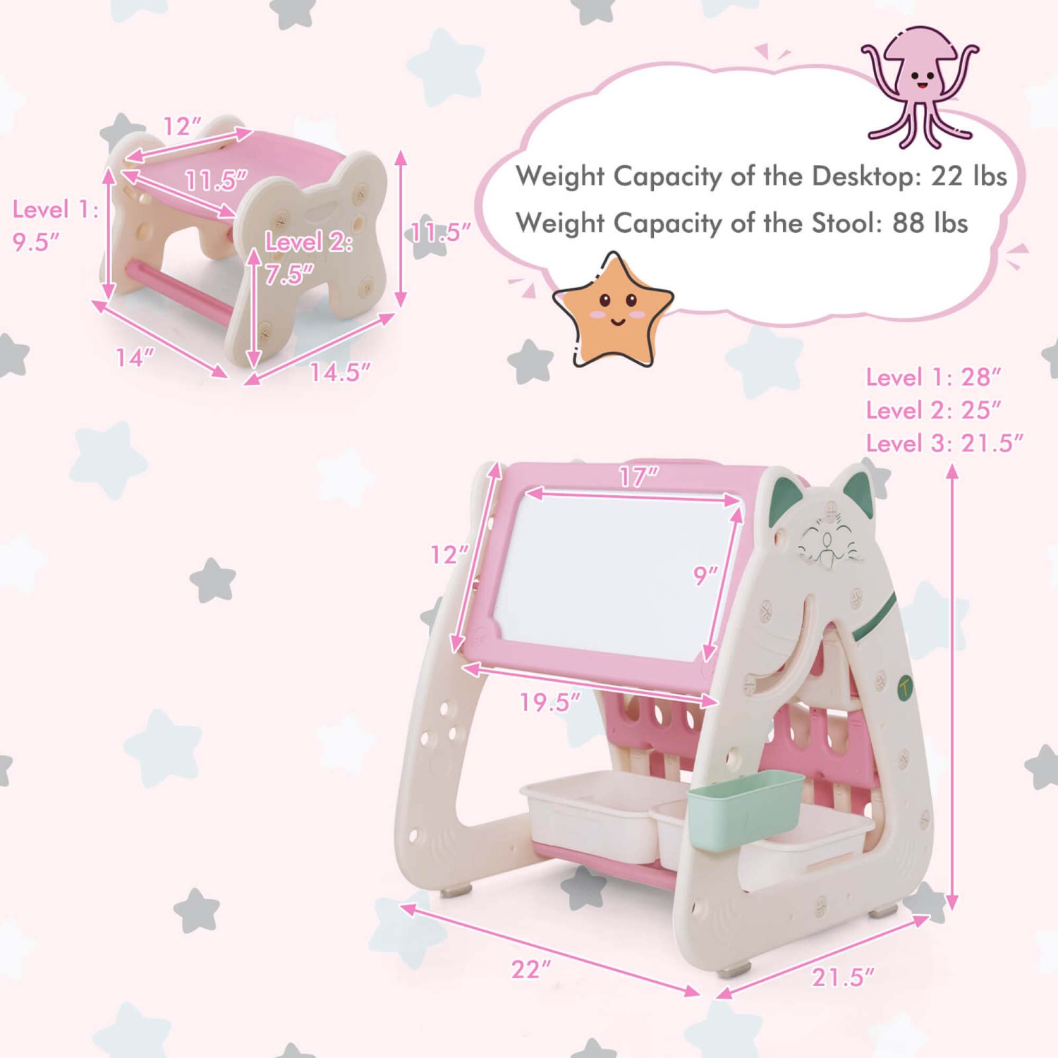 Costway 3-In-1 Kids Art Easel with Stool Magnetic Dry-Erase Board with Book Rack