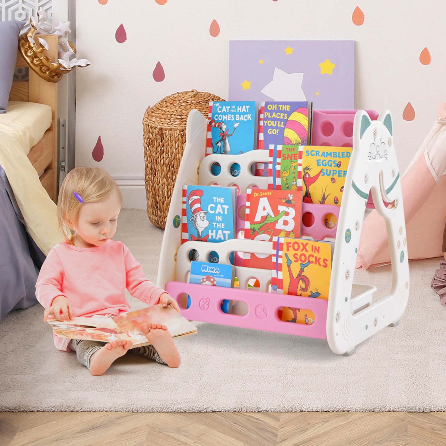 Costway 3-In-1 Kids Art Easel with Stool Magnetic Dry-Erase Board with Book Rack