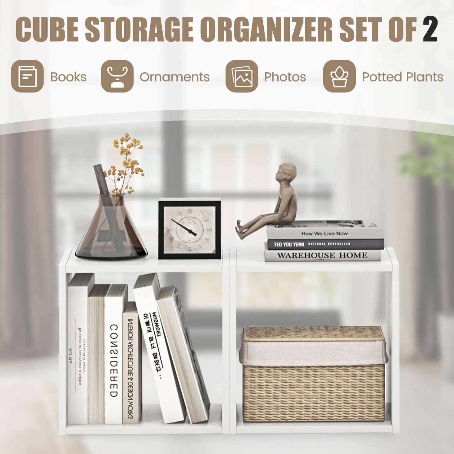 Costway 2PCS Stackable Storage Cube Free-standing Storage Organizer Bookcase for Bedroom