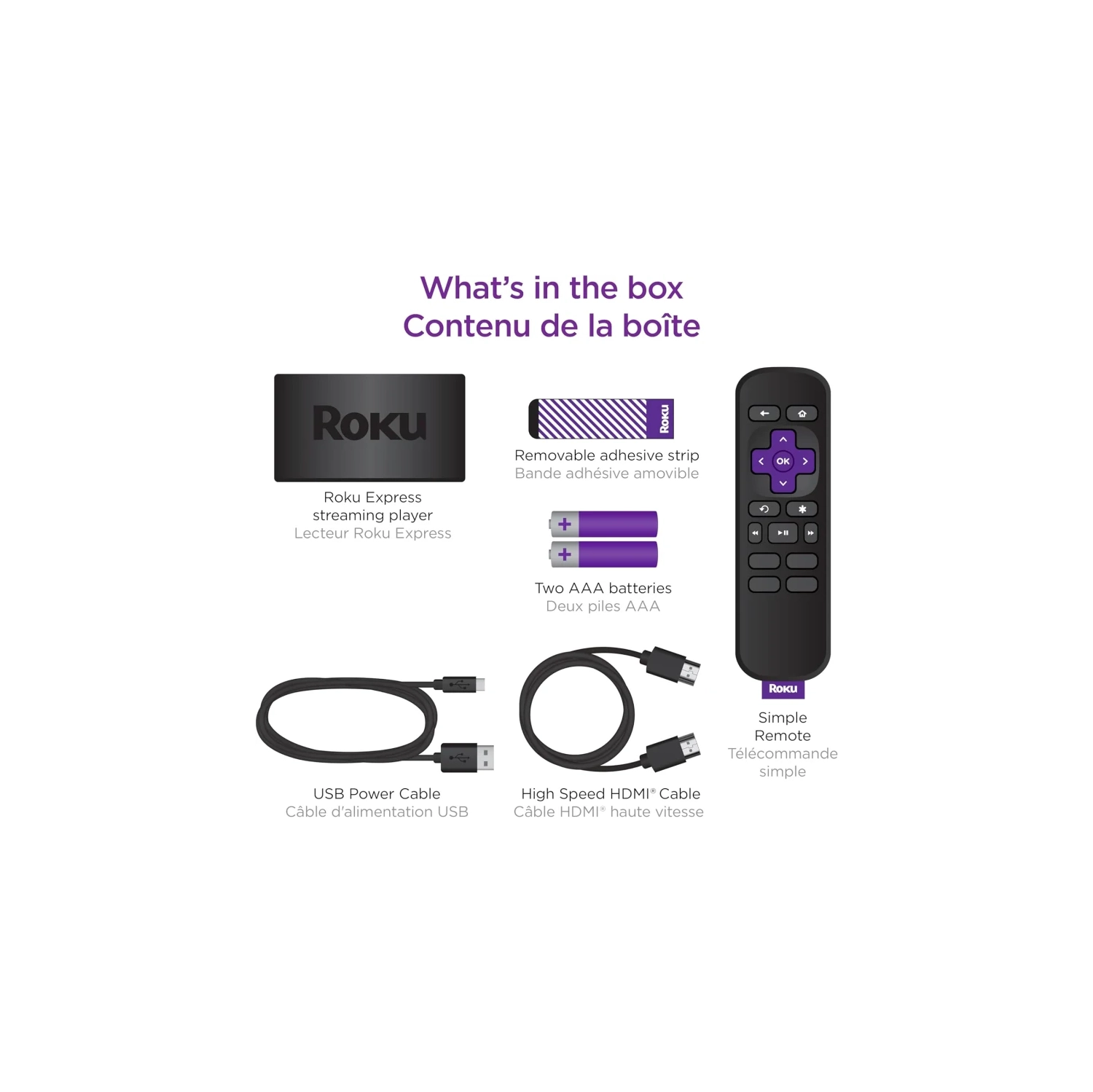 Appareil de diffusion en continu HD Express de Roku avec câble HDMI haute vitesse et télécommande simple