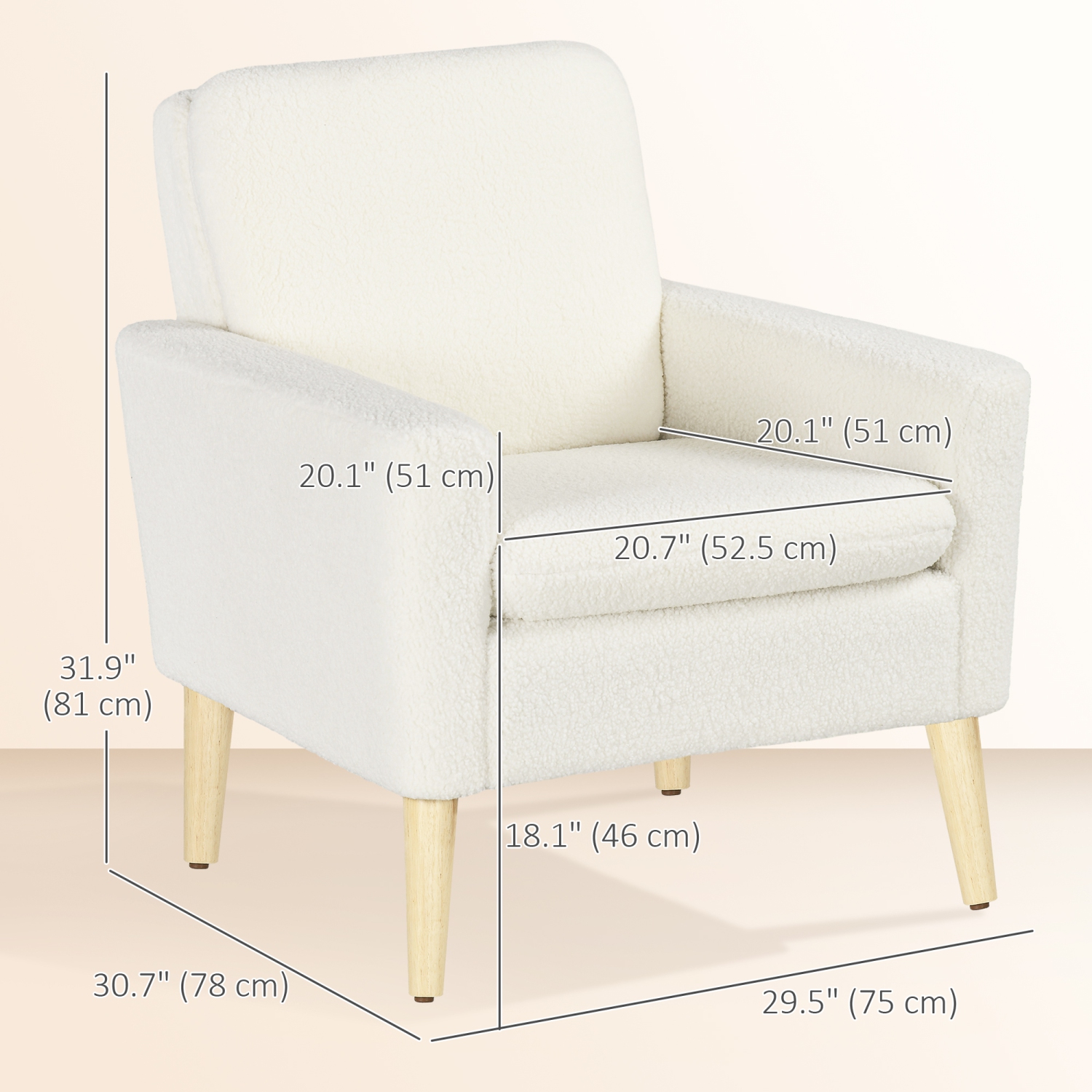 HOMCOM Teddy Fabric Accent Chair, Upholstered Armchair, Mid-Century Modern Living Room Chair with Wood Legs and Wide Padded Seat, Cream White