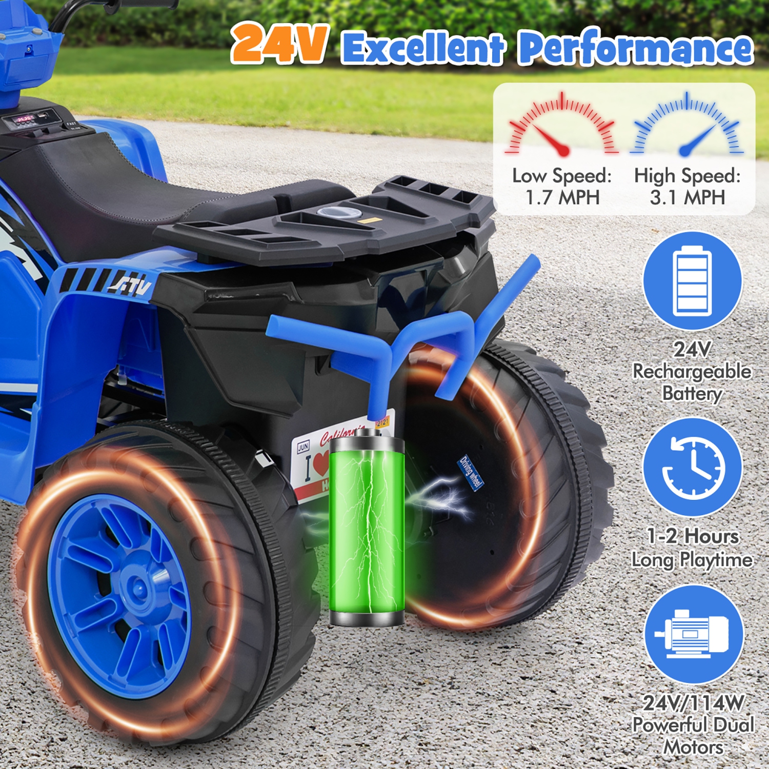 Gymax Kids Ride-On ATV 24V Battery Powered Electric Vehicle w/ Wireless Connection Music Radio