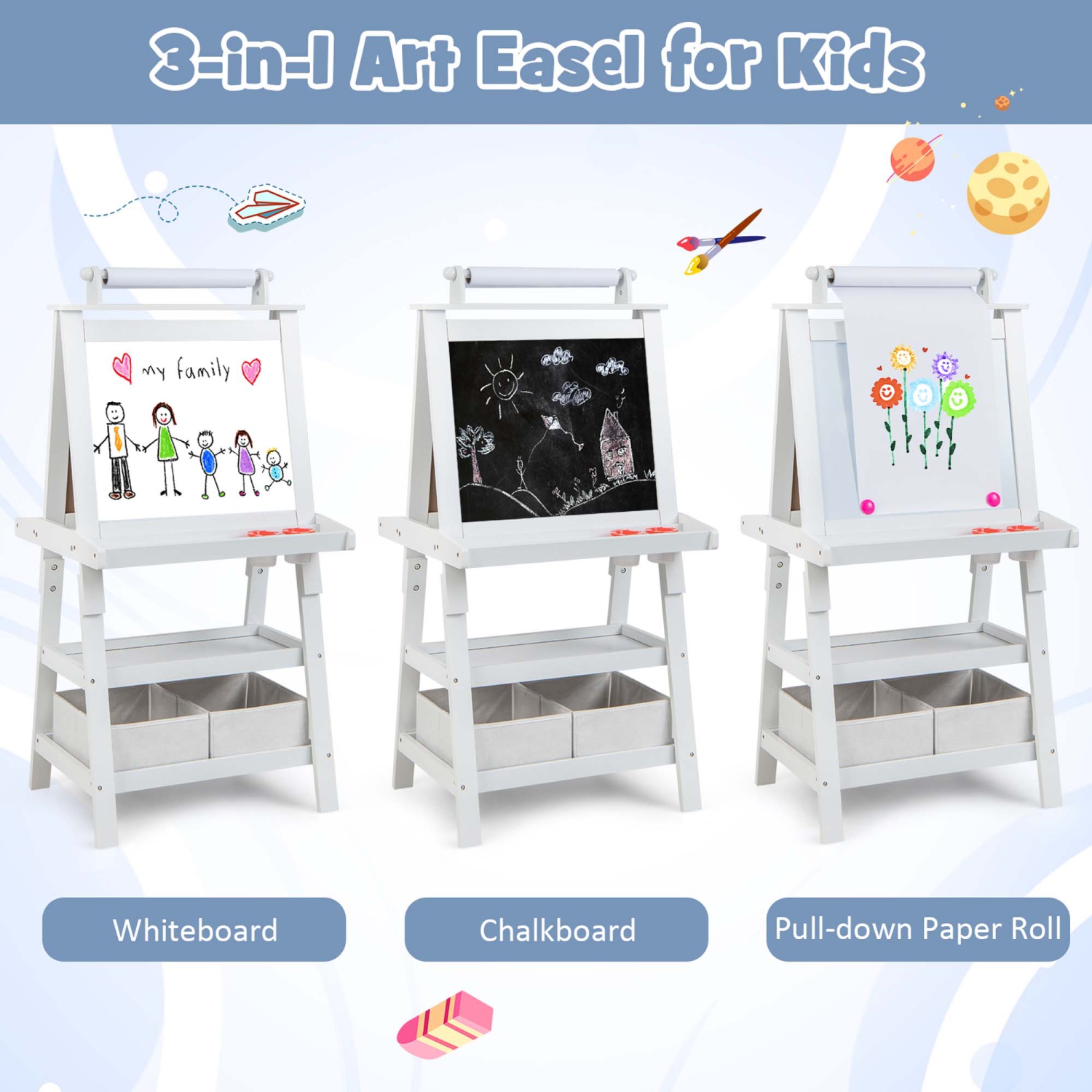 Costway 3 in 1 Double-Sided Wooden Kid's Art Easel Whiteboard