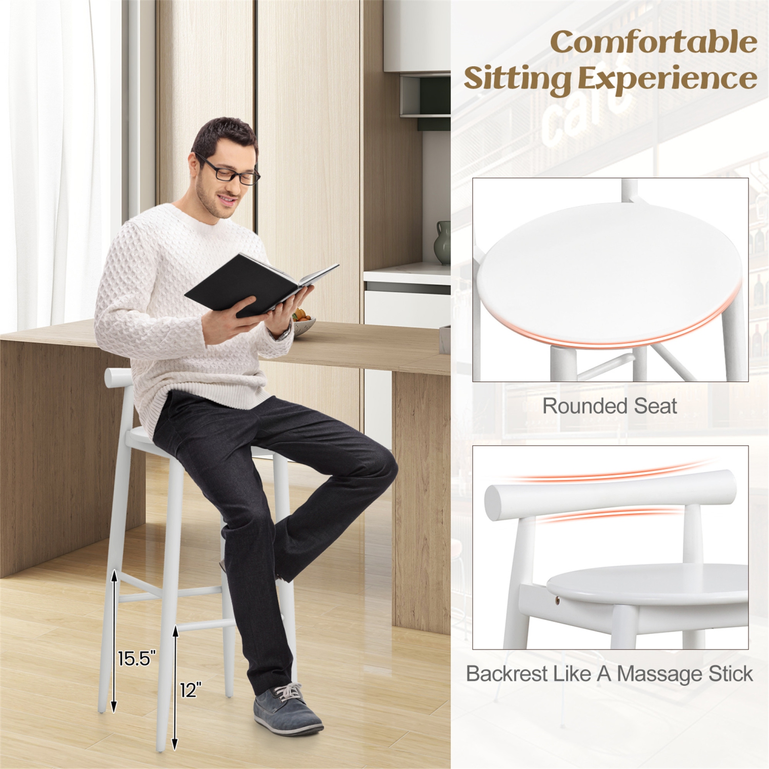 Gymax Bar Height Stools Set of 2 Bar Chair w/ Acacia Wood Frame Supporting Legs