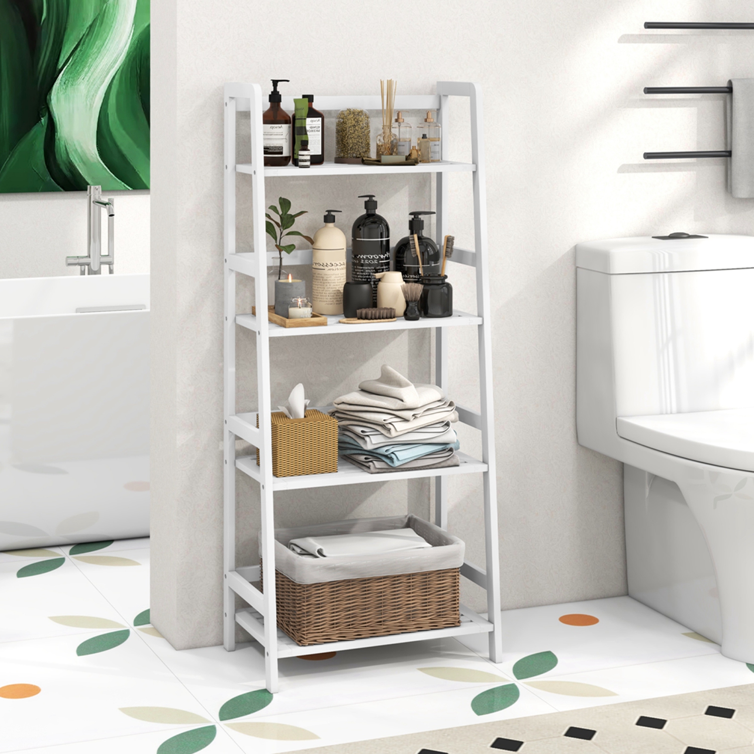 Meuble de rangement à 4 tablettes en bambou avec bibliothèque et échelle pour plante en forme de fleur de Costway