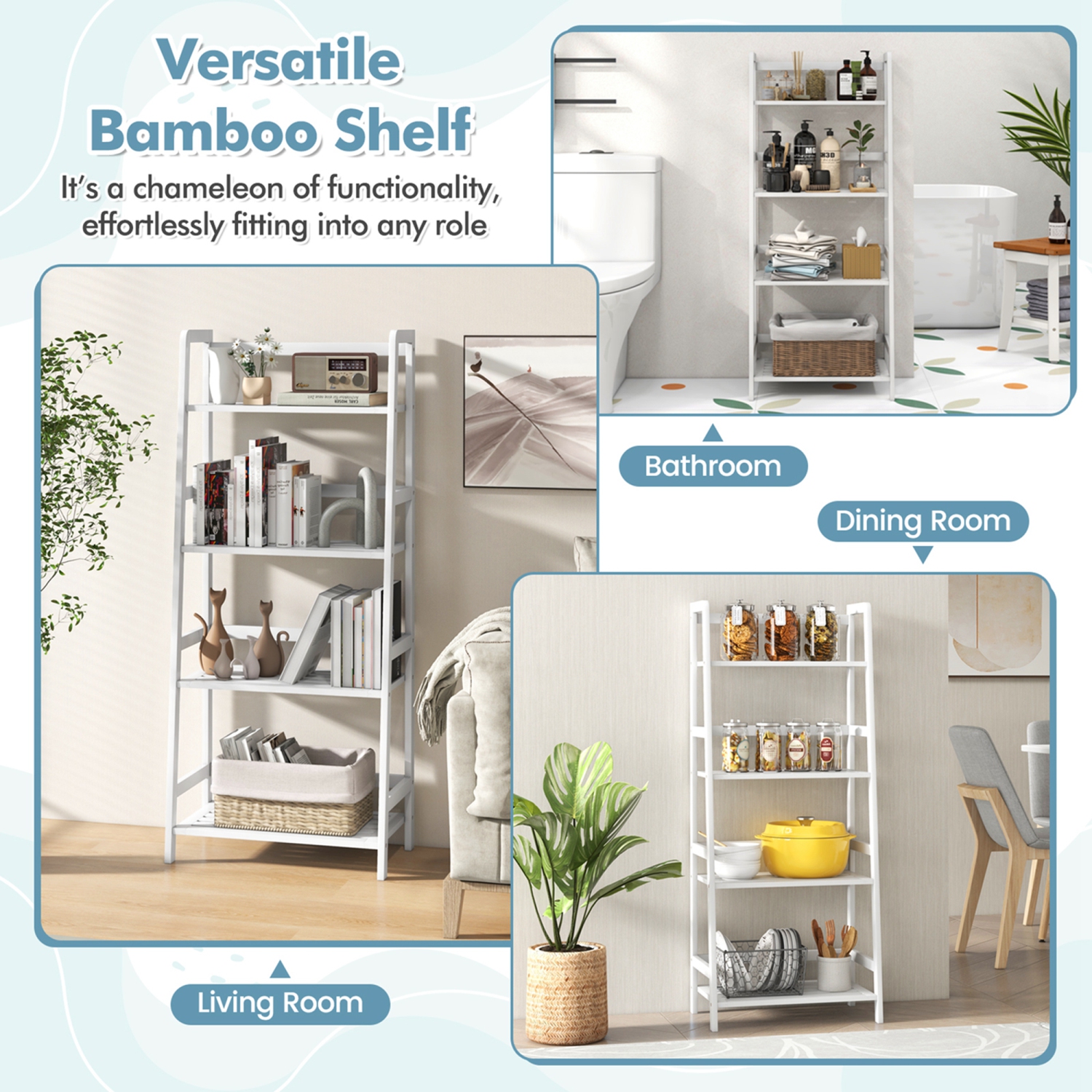 Meuble de rangement à 4 tablettes en bambou avec bibliothèque et échelle pour plante en forme de fleur de Costway