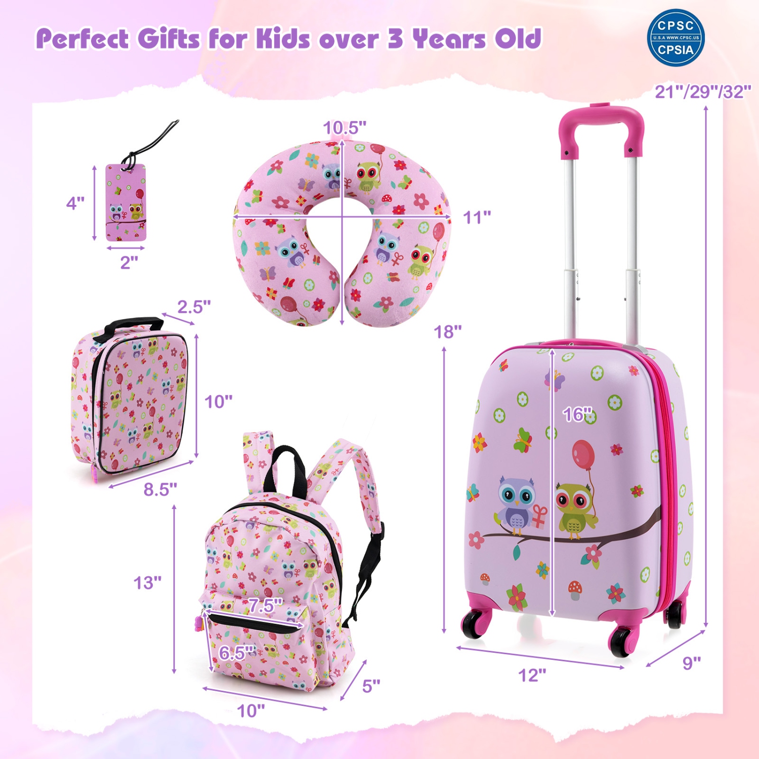 Costway 5 PCS Kids Luggage Set with Backpack Neck Pillow Luggage Tag Lunch Bag Wheels