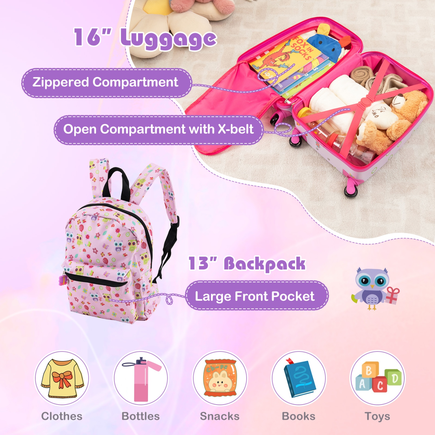 Costway 5 PCS Kids Luggage Set with Backpack Neck Pillow Luggage Tag Lunch Bag Wheels