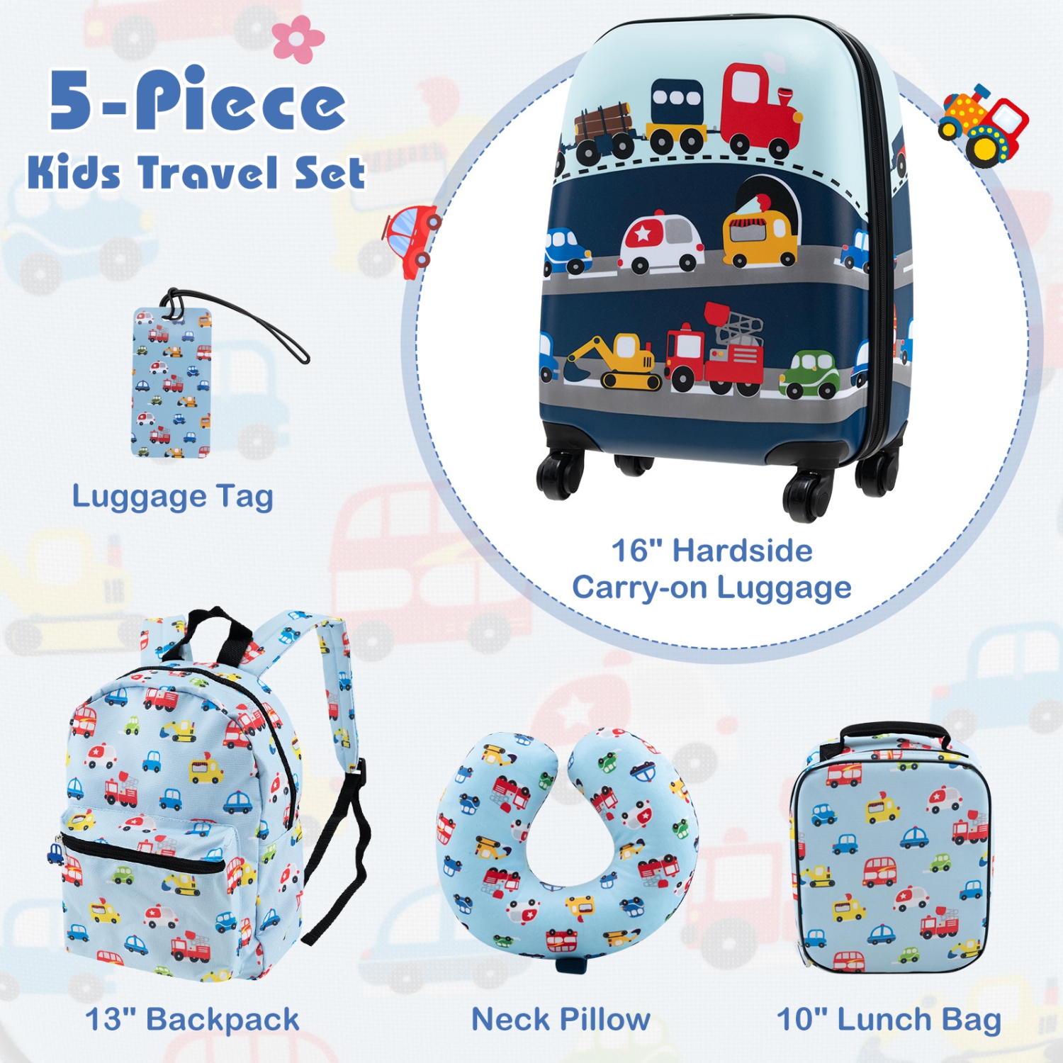 Costway 5 PCS Kids Luggage Set with Backpack Neck Pillow Luggage Tag Lunch Bag Wheels