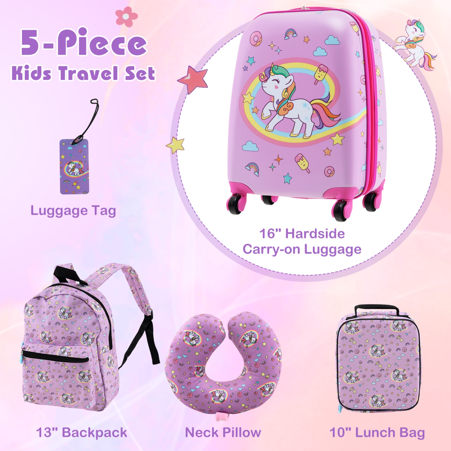 Costway 5 PCS Kids Luggage Set with Backpack Neck Pillow Luggage Tag Lunch Bag Wheels