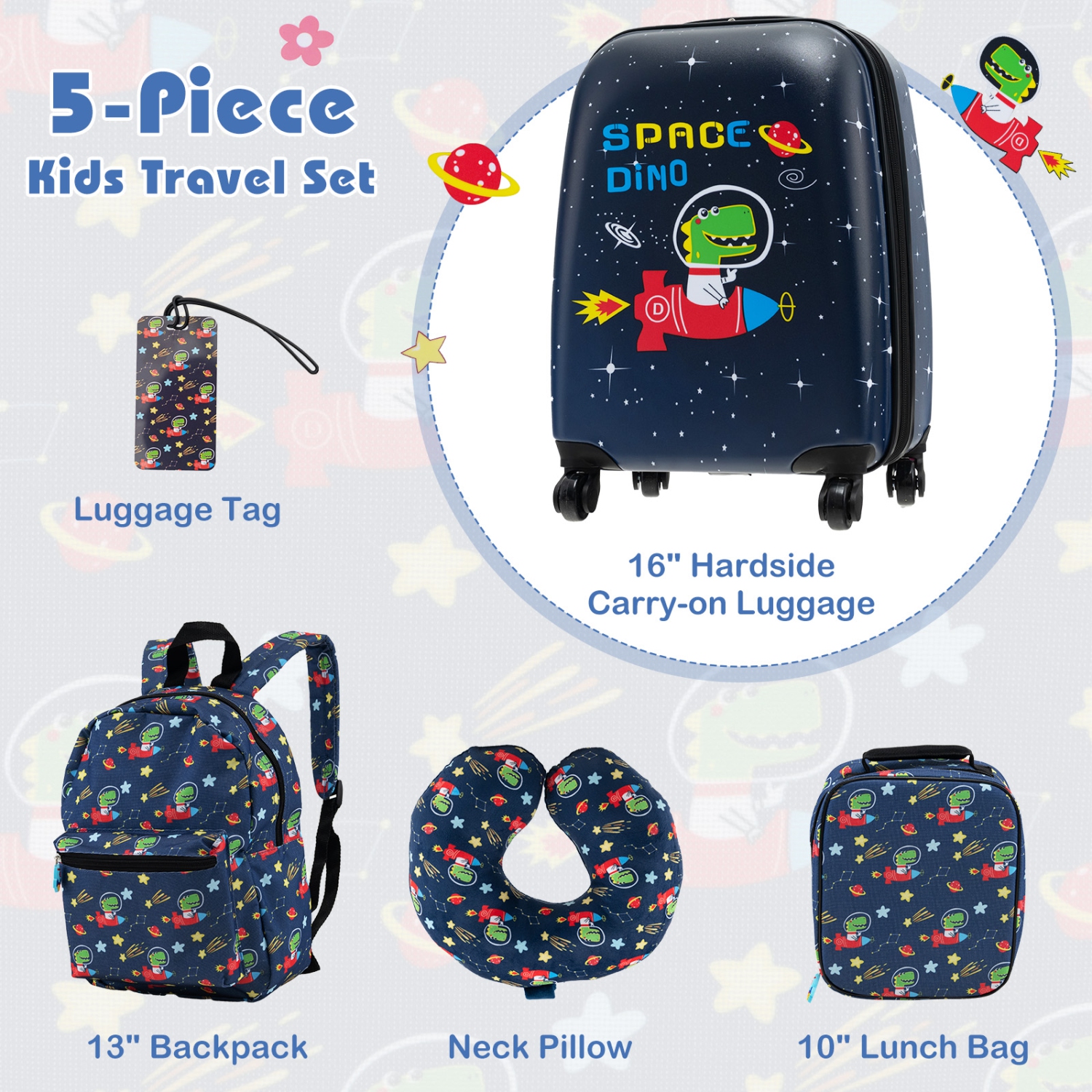 Costway 5 PCS Kids Luggage Set with Backpack Neck Pillow Luggage Tag Lunch Bag Wheels