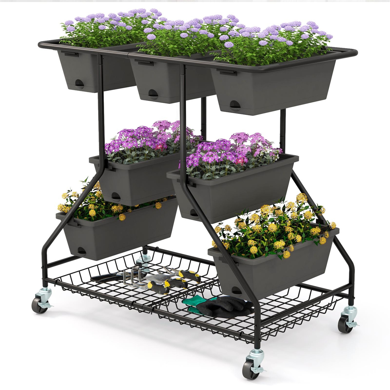 Gymax 3-tier Vertical Raised Garden Bed w/ 7 Planter Boxes Drainage Holes Storage Shelf