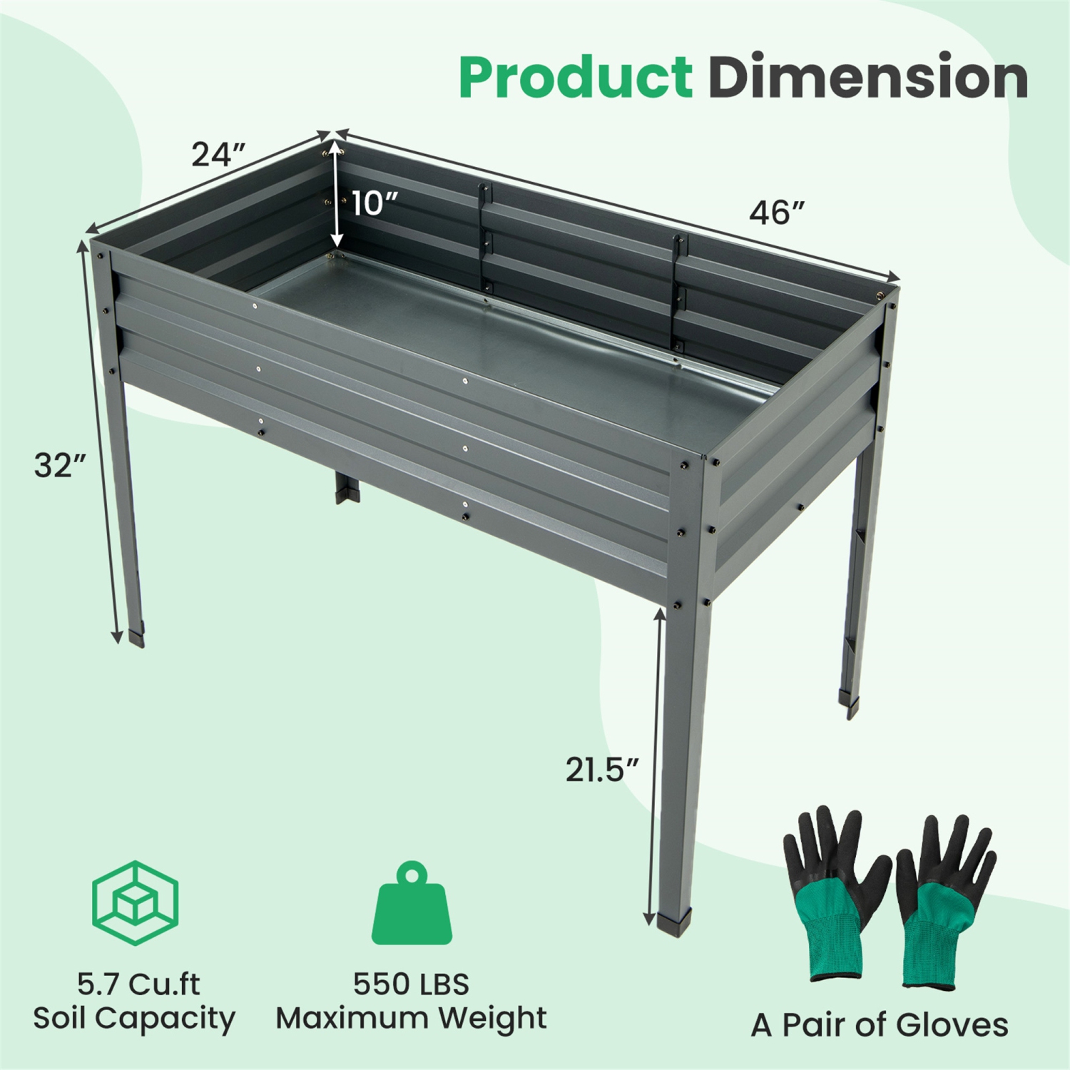 Gymax 46'' x 24'' x 32'' Galvanized Raised Garden Bed w/ Legs Drainage Holes for Flowers