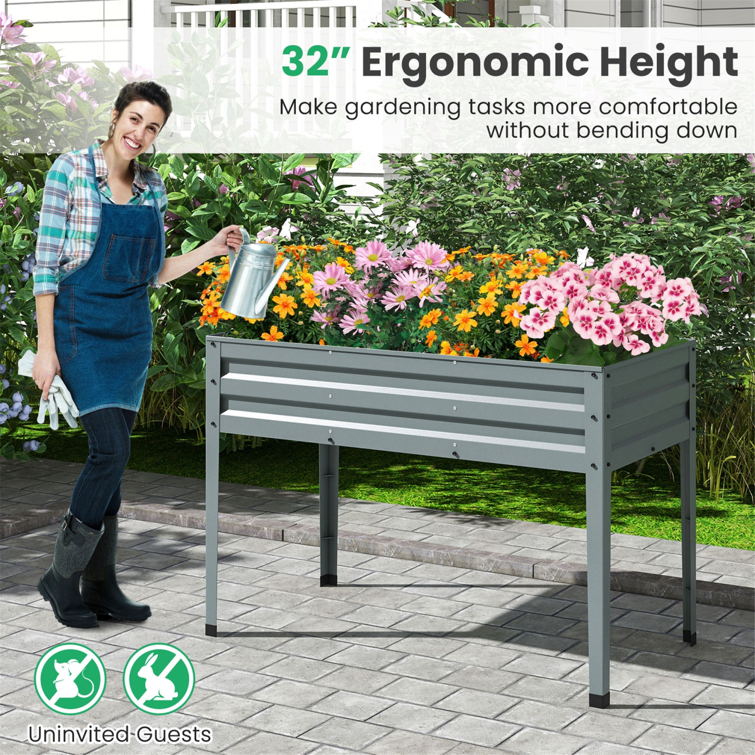 Gymax 46'' x 24'' x 32'' Galvanized Raised Garden Bed w/ Legs Drainage Holes for Flowers