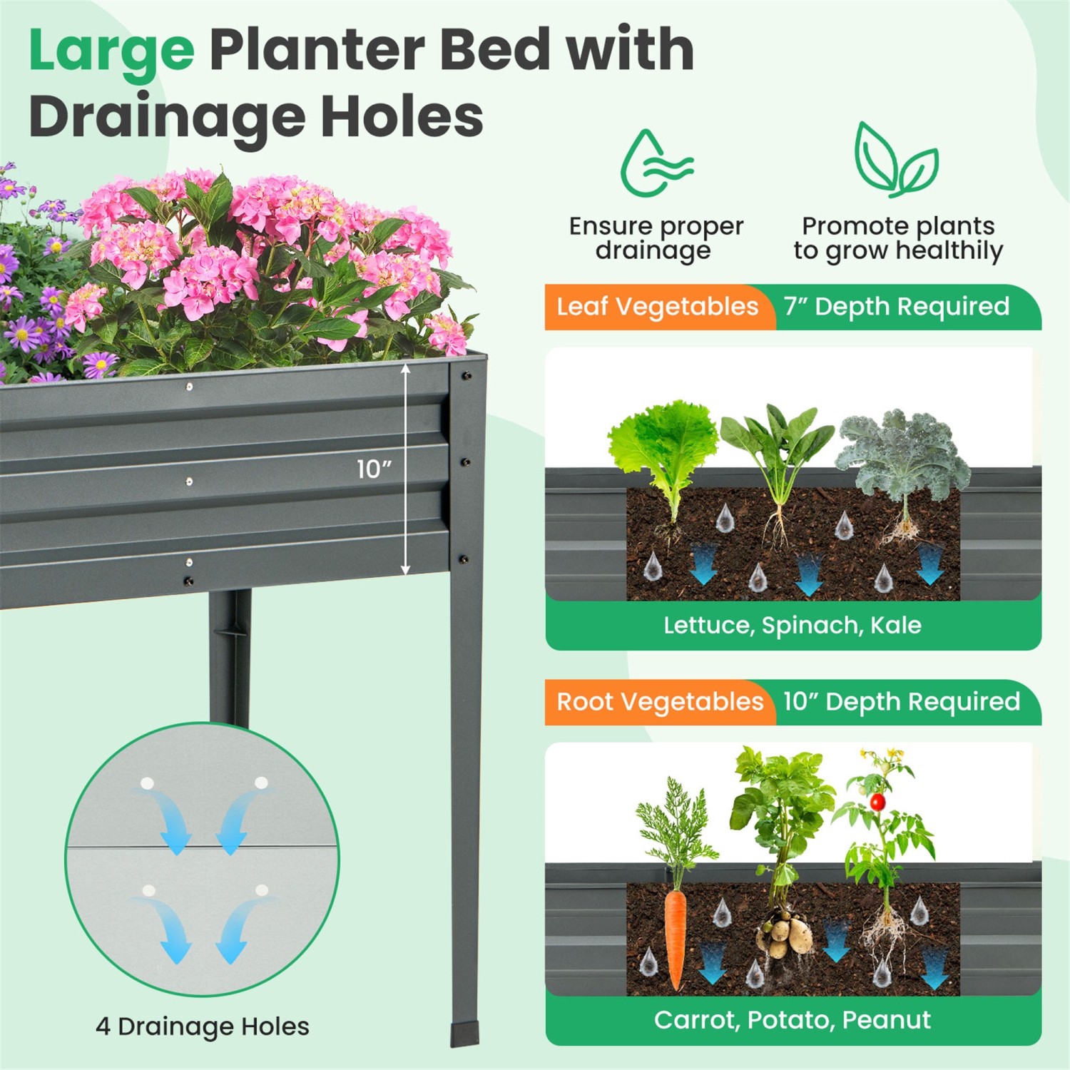 Gymax 46'' x 24'' x 32'' Galvanized Raised Garden Bed w/ Legs Drainage Holes for Flowers