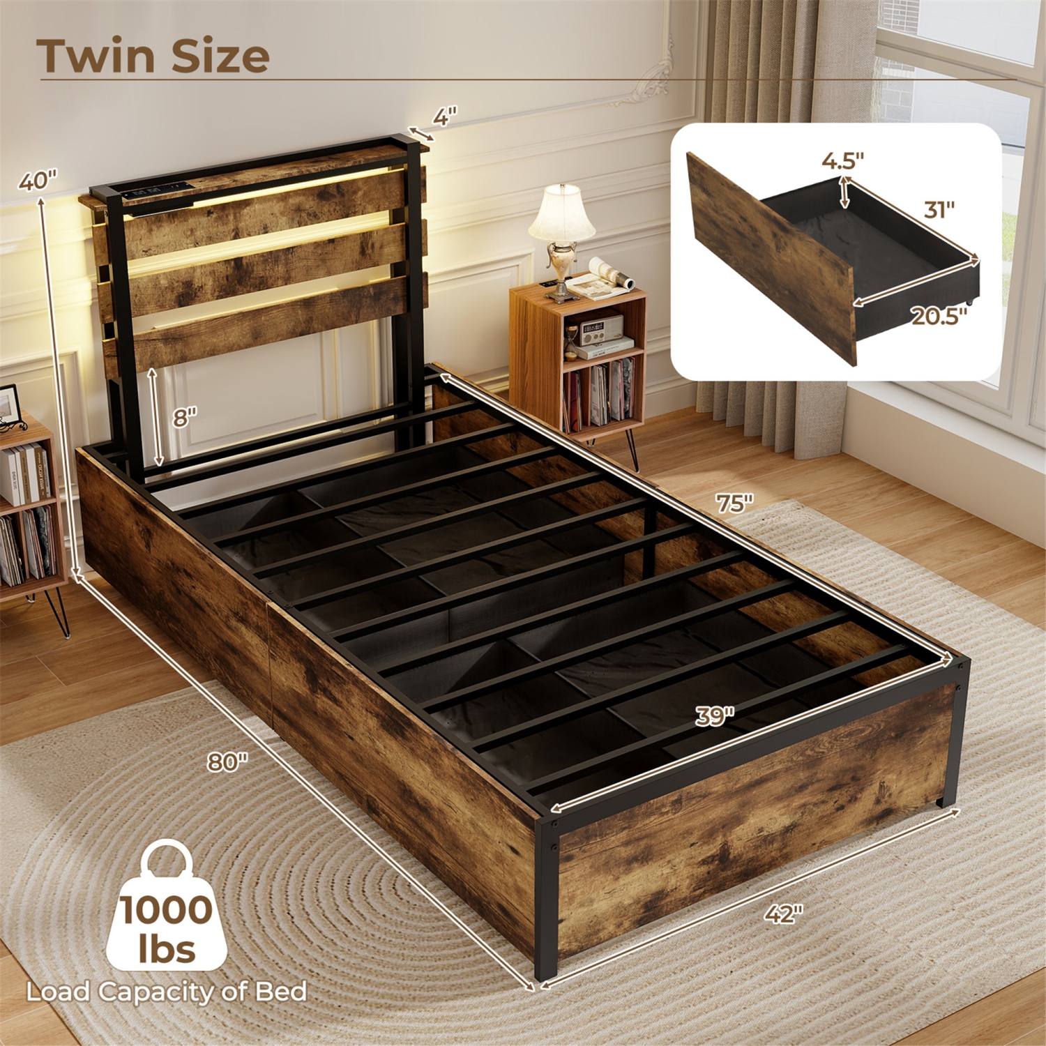 Gymax Twin Size Bed Frame w/ Drawers LED Lights Outlets & USB Ports Smart APP Control