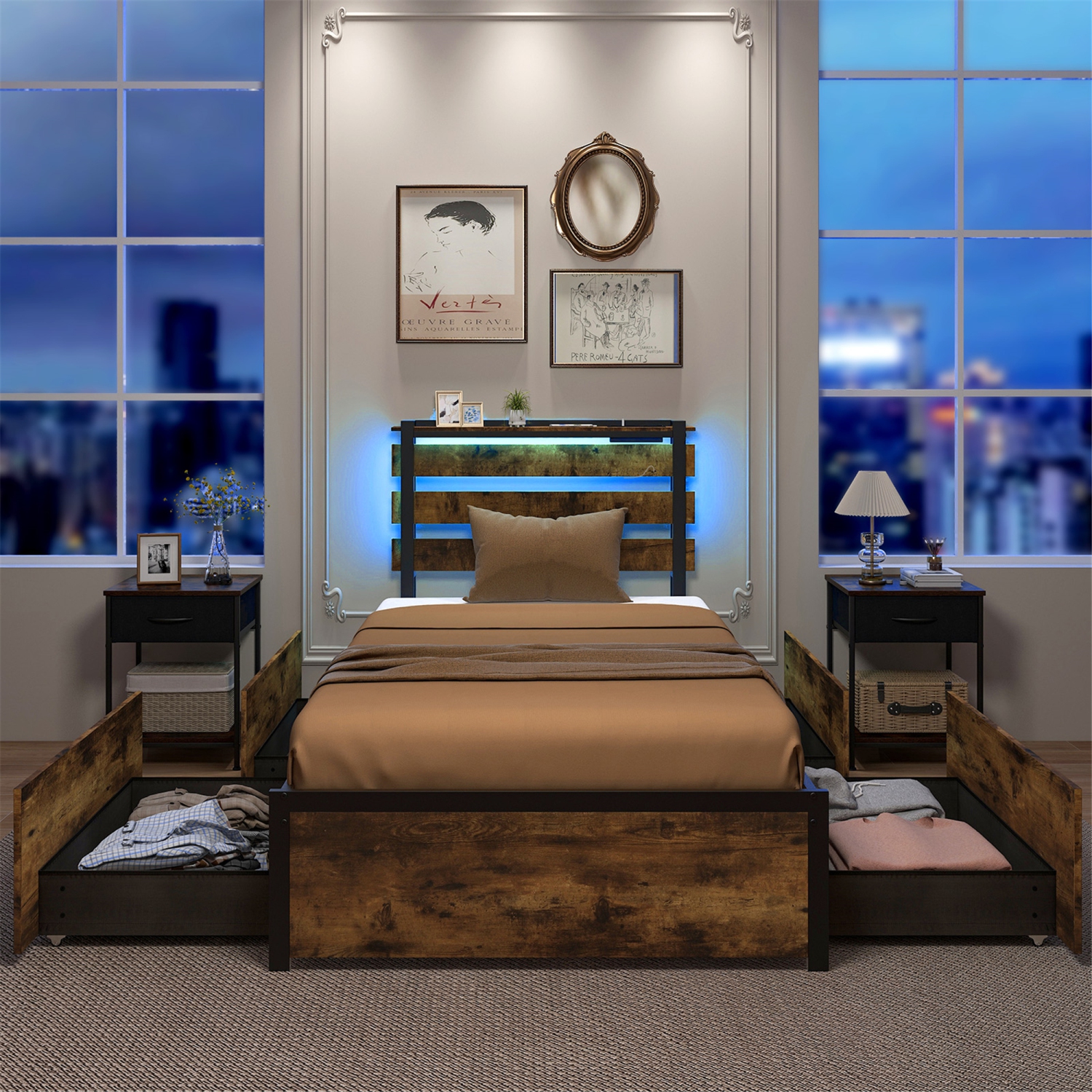 Gymax Twin Size Bed Frame w/ Drawers LED Lights Outlets & USB Ports Smart APP Control