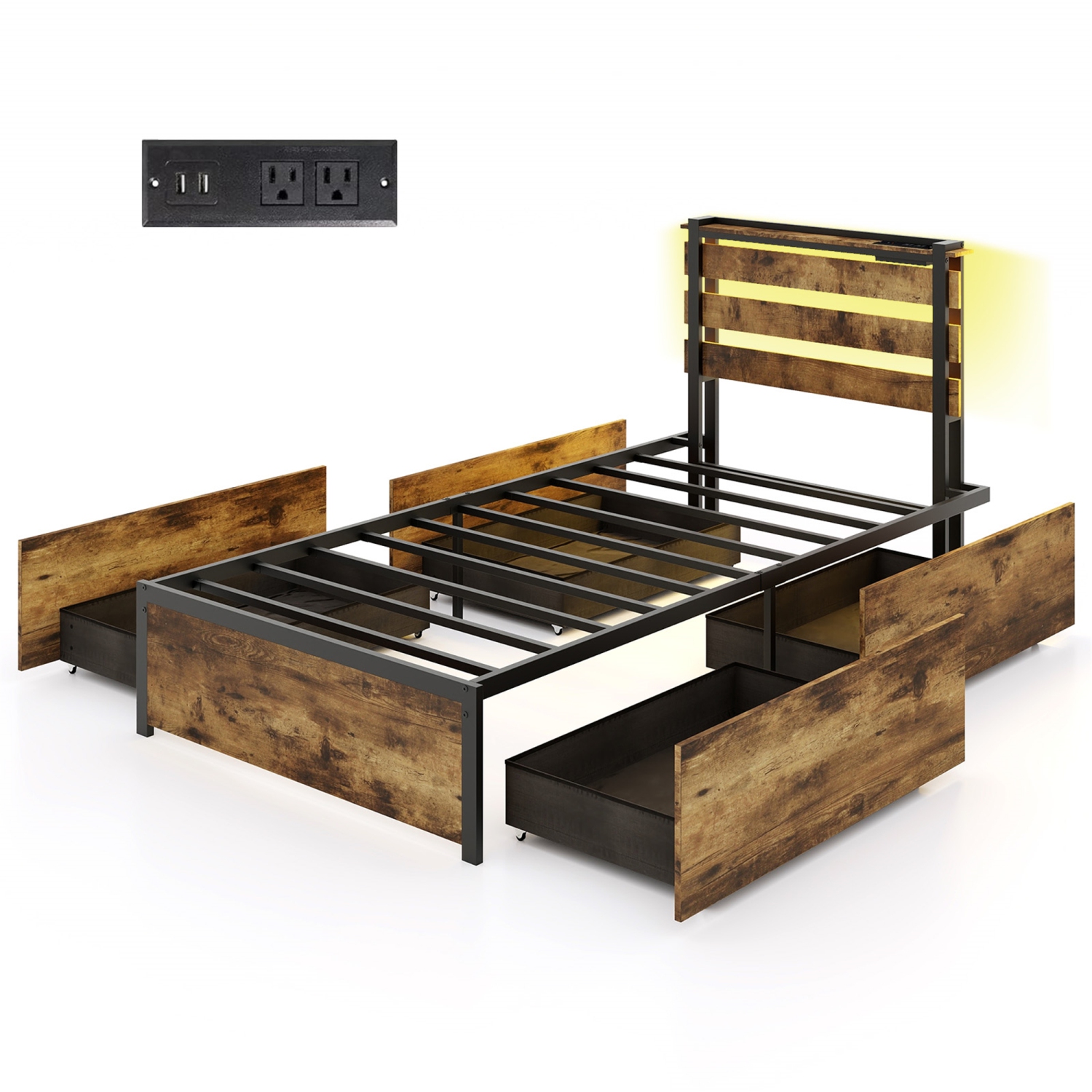 Gymax Twin Size Bed Frame w/ Drawers LED Lights Outlets & USB Ports Smart APP Control