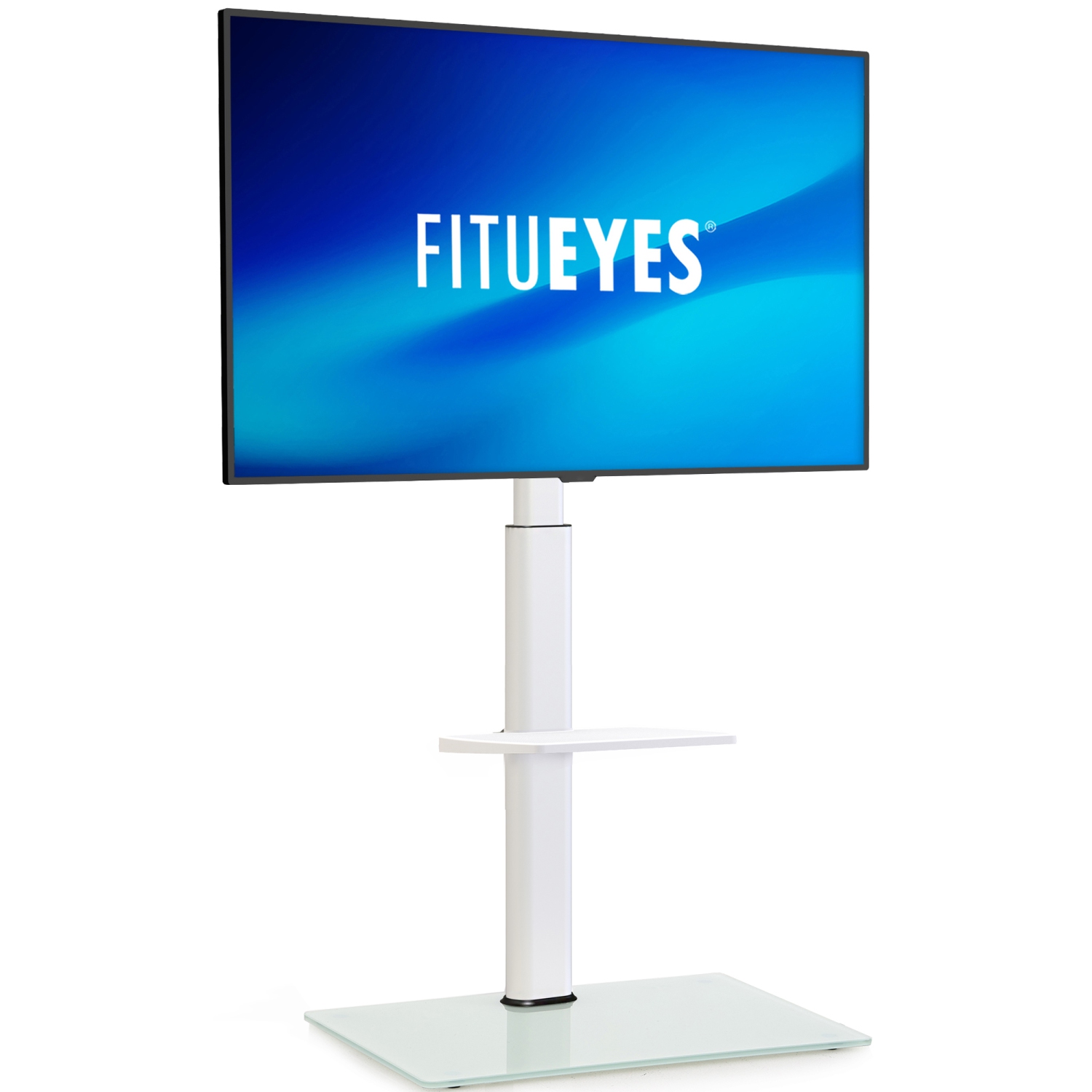 FITUEYES White TV Stand Mount for 32-60 inch TV Screen, 2 Tier Floor TV Stand with Swivel 70 Degree and Height Adjustable Max VESA 600x400 mm