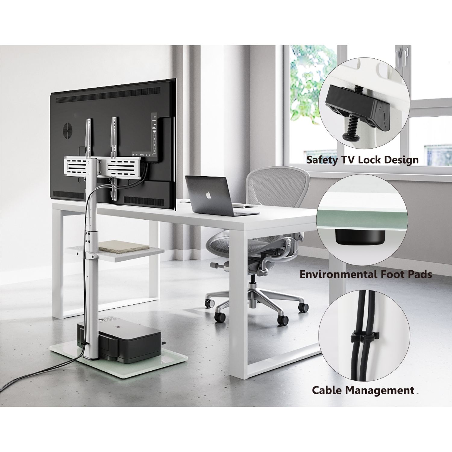 Support mural blanc de FITUEYES pour téléviseur à écran 32 60&nbsp;po, meuble pour téléviseur à 2 niveaux, pivotant à 70 degrés et hauteur réglable,