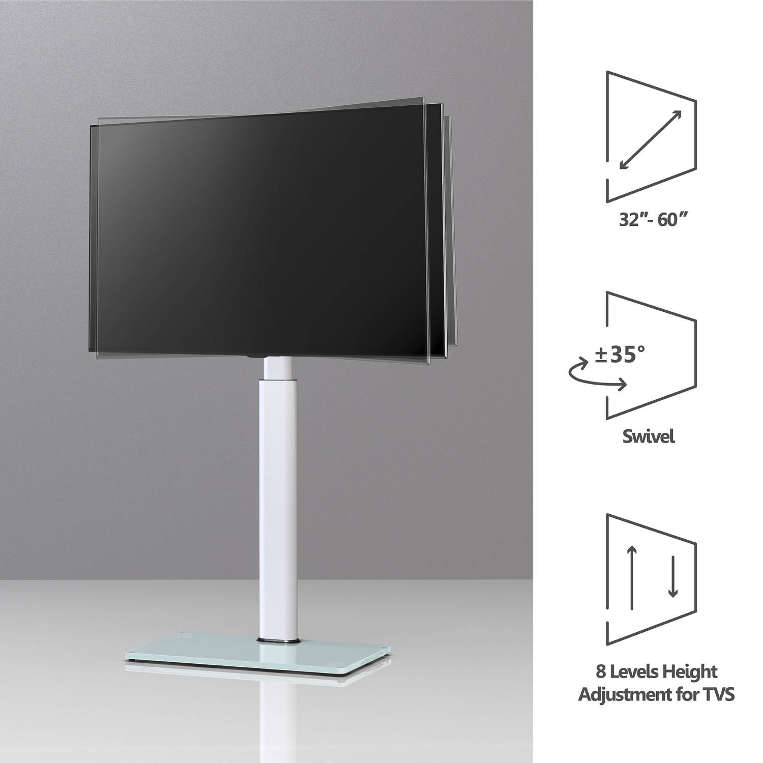 Meuble de téléviseur avec base en verre trempé de FITUEYES pour 32 à 60 po Max. Support de téléviseur en coin mince de 48,8 po de hauteur avec