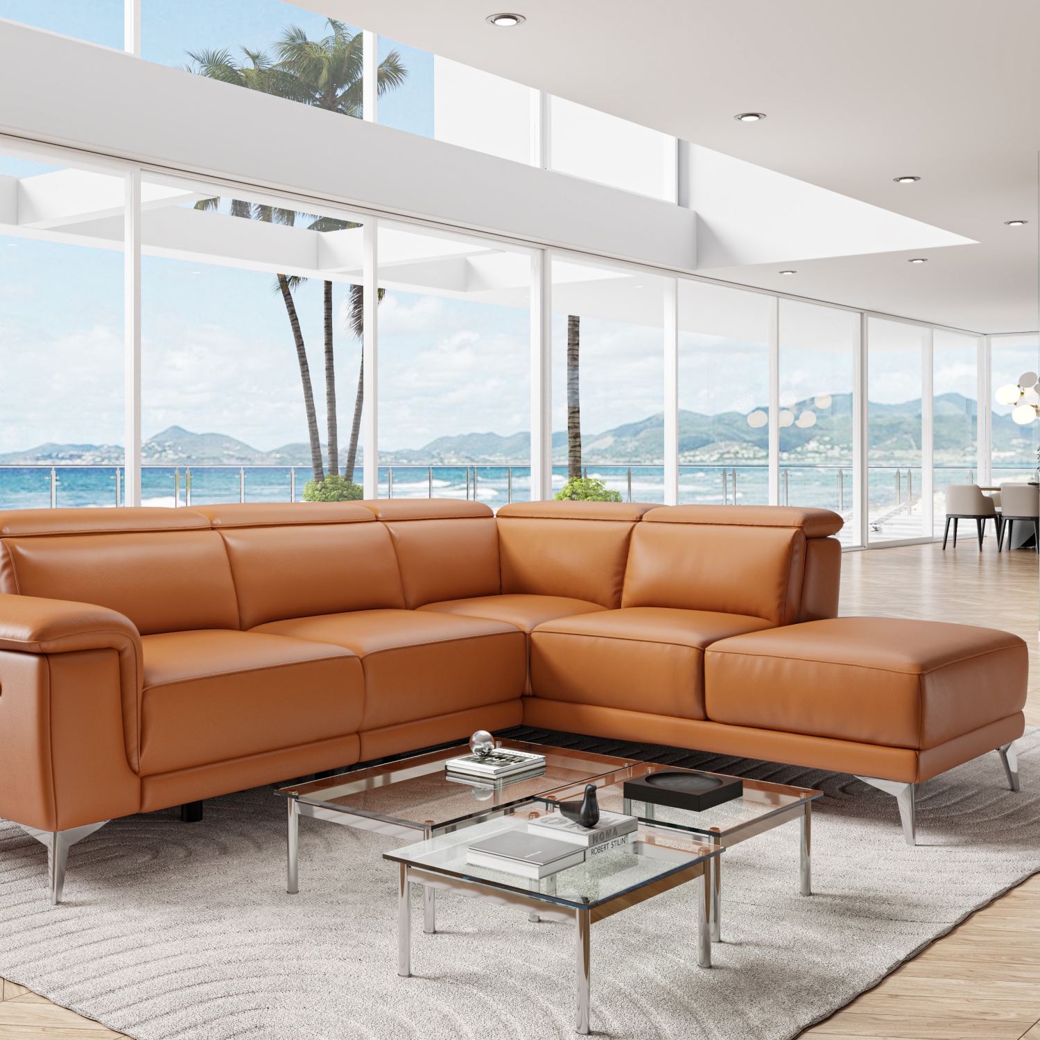 Valencia Pista, divan modulaire inclinable en cuir à accoudoir droit, cognac