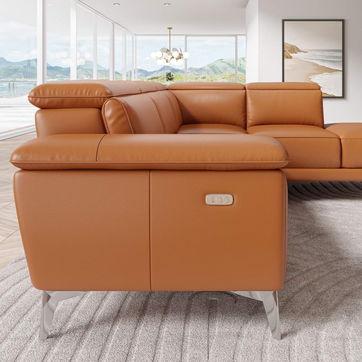 Valencia Pista, divan modulaire inclinable en cuir à accoudoir droit, cognac